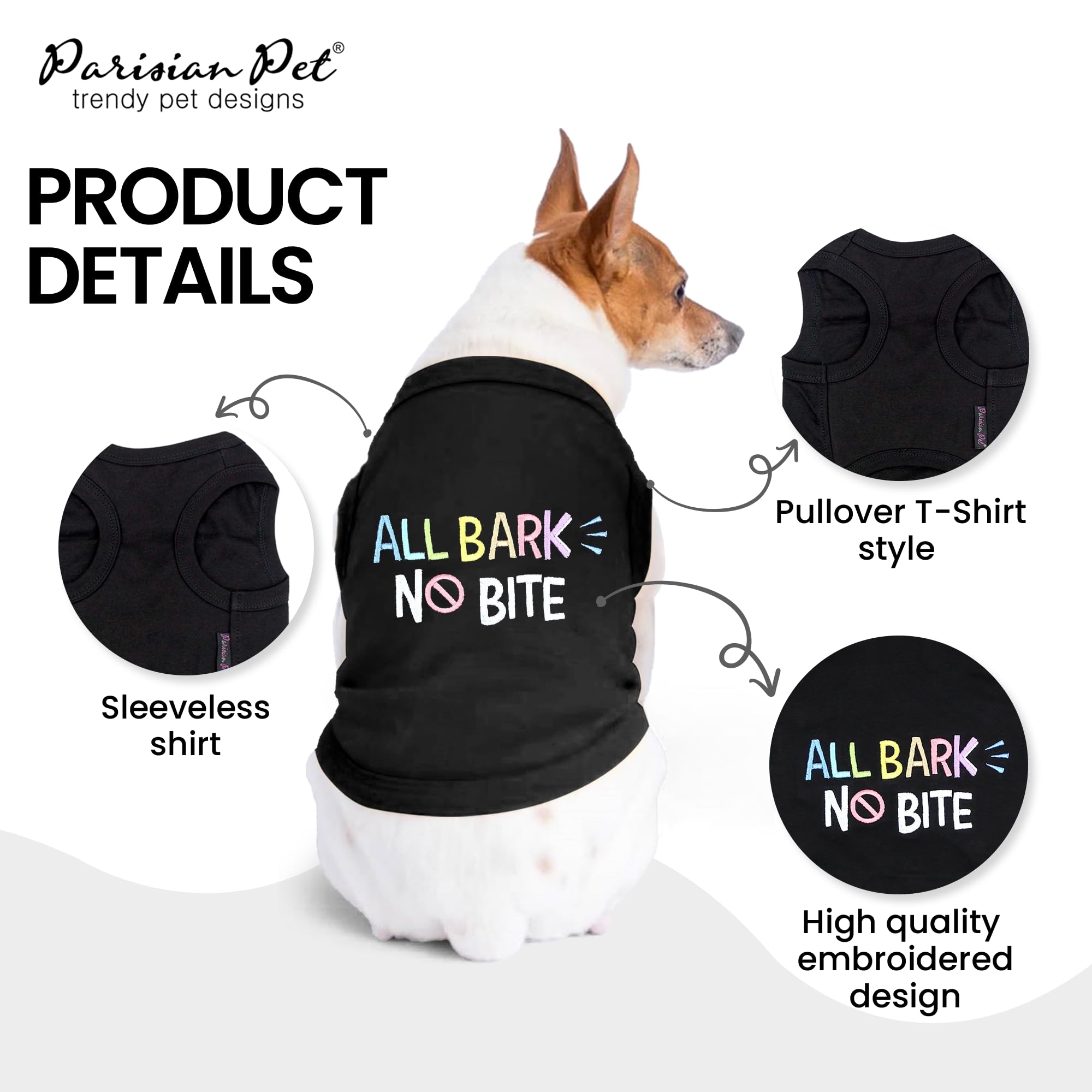 Parisian Pet Dog T-Shirt - Embroidered ' All Bark No Bite ' 100% Cotton, Dog Clothes - Sleeveless Pet Vest - Machine Washable Dog Shirt For Large Dogs L