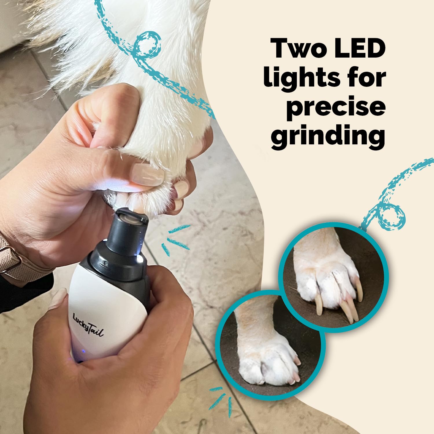 Luckytail - Dog Nail Grinder - Small & Large Dogs - Whisper Quiet Operation (30- 50Db) - Powerful 2-Speed Motor - Led Light - Re