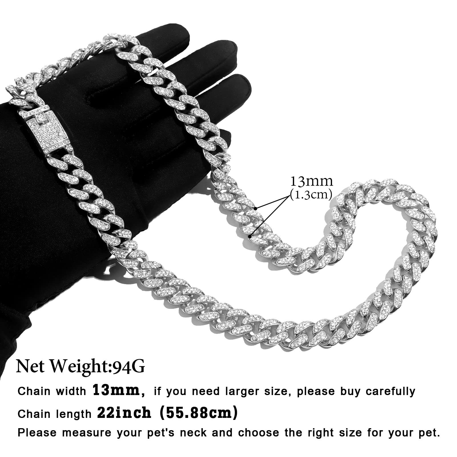 Cuban Link Dog Collar Gold Silver Color Metal Dog Chain Collar Cuban Diamond Chain Pet Collars For Dogs Cats Jewelry 8/10/14/16/18/20/24/28 Inch (22Inch, Silver)
