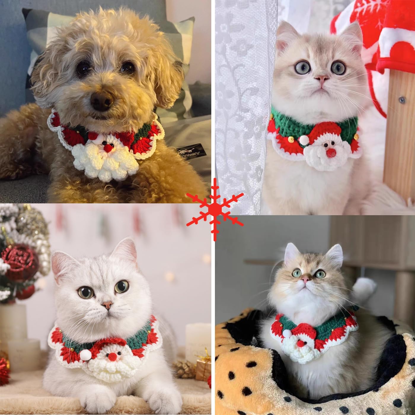 IDOLPET Christmas Santa Claus Cat Collar with Bell Handmade Knitting Holiday Pet Bandana Collar Necktie Costume Outfit for Kitte