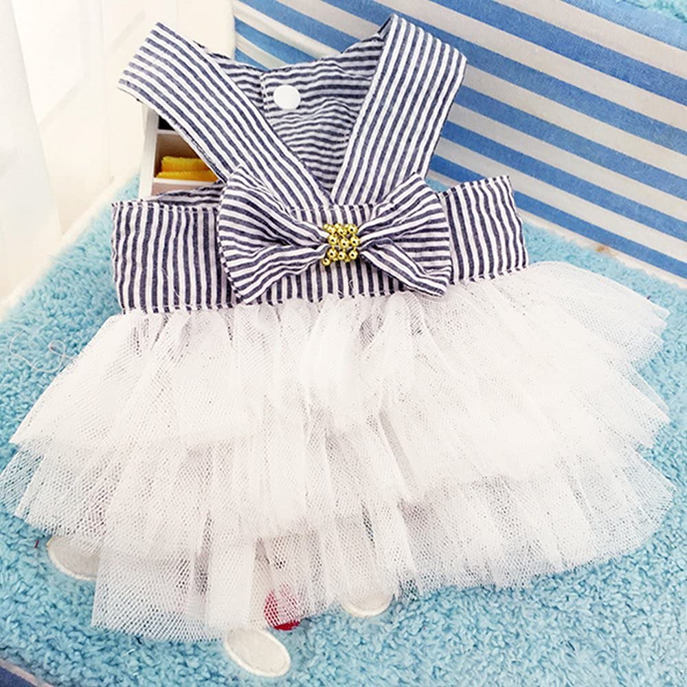 Dog Dresses, Fashion Pet Dog Clothes, Striped Mesh Puppy Dog Princess Dresses (Blue, Medium)