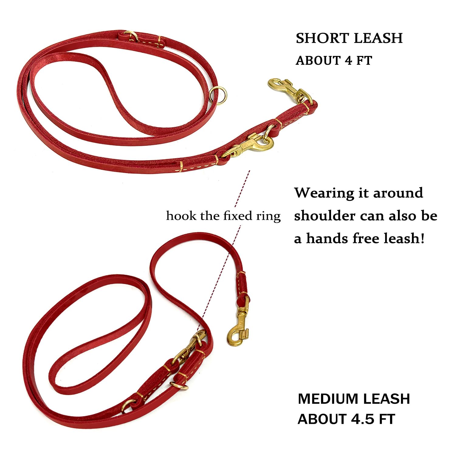 Guiding Star Leather Dog Leash 8Ft, Soft Multi-Function 6 In 1 Leather Training Walking Leash, Hands Free Leather Leash, Dual, Crossbody Dog Leash For Small, Medium And Large Dogs, Service Dogs,Red