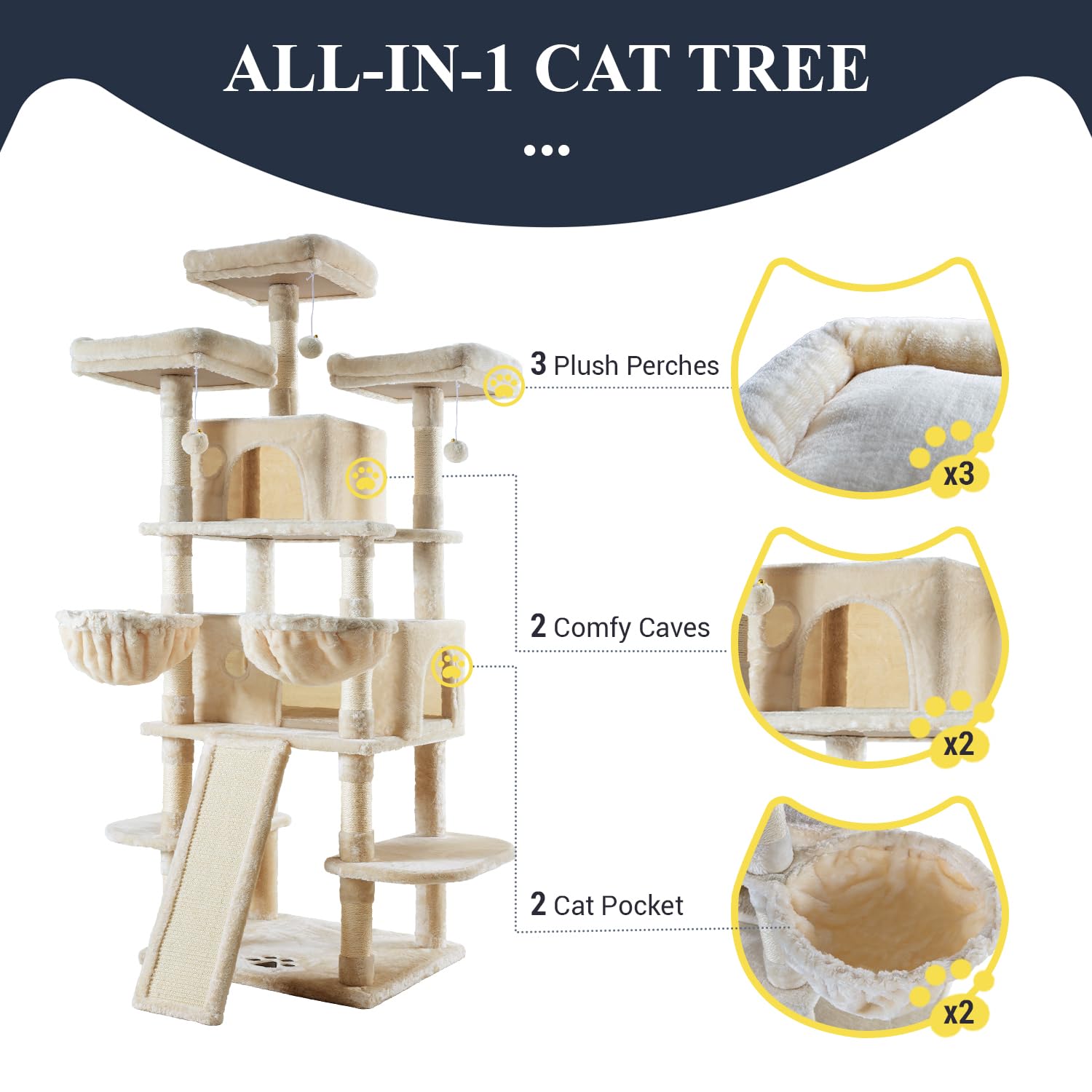 Allewie 68 Inches Cat Tree/House And Towers For Big Feline/Scratching Post/Multi-Level Large Kitty Climbing Tree With Condo/Beig