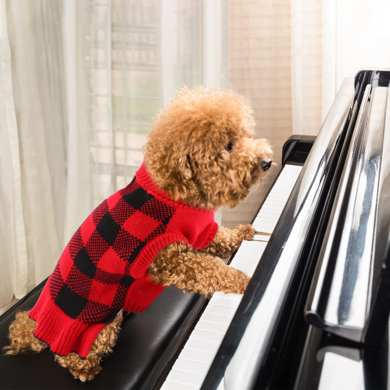 Lelepet Dog Sweater Dress - Classic Plaid Turtleneck Pullover Knitwear For Small, Medium & Large Dogs - Red, Christmas, S