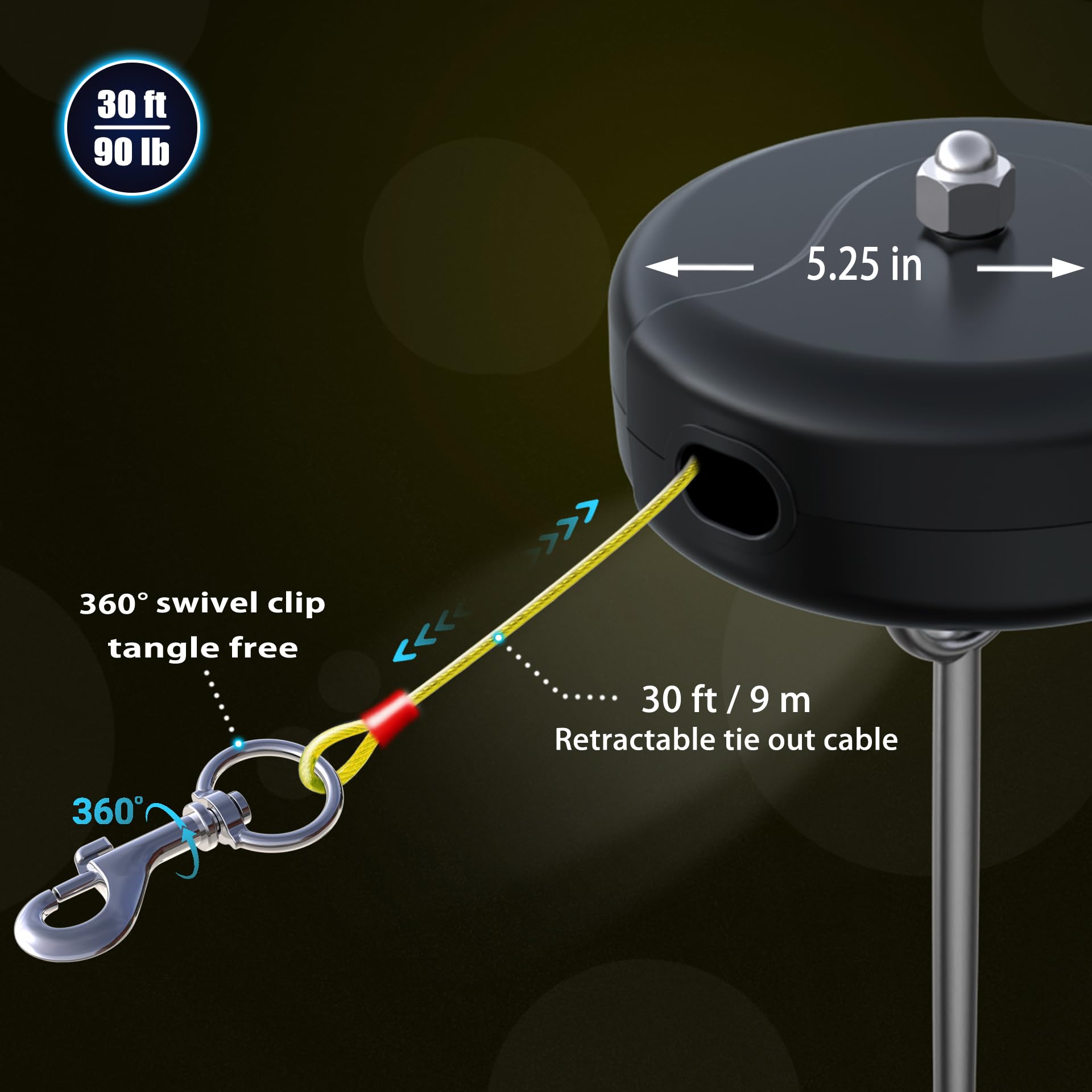 Pestairs 30Ft Retractable Dog Tie Out Cable And Stake - No Tangle Retractable Dog Leash For Dogs Between 10-90Lbs - 360 Rotate R