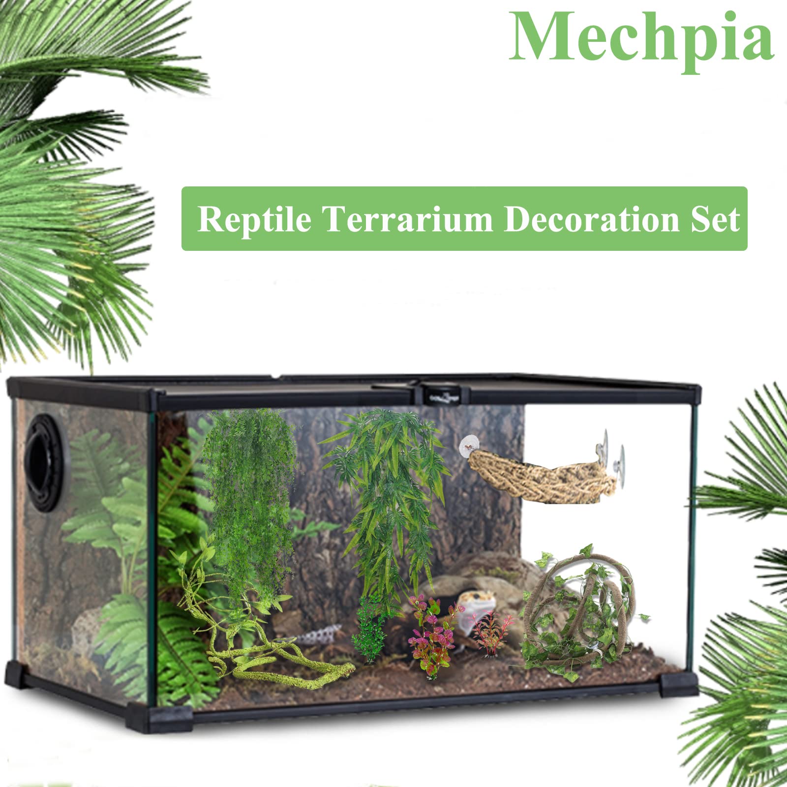 Mechpia 12 Pieces Bearded Dragon Tank Accessories, Reptile Hammock Plants And Vines Terrarium Branch Plants Habitat Decoration F