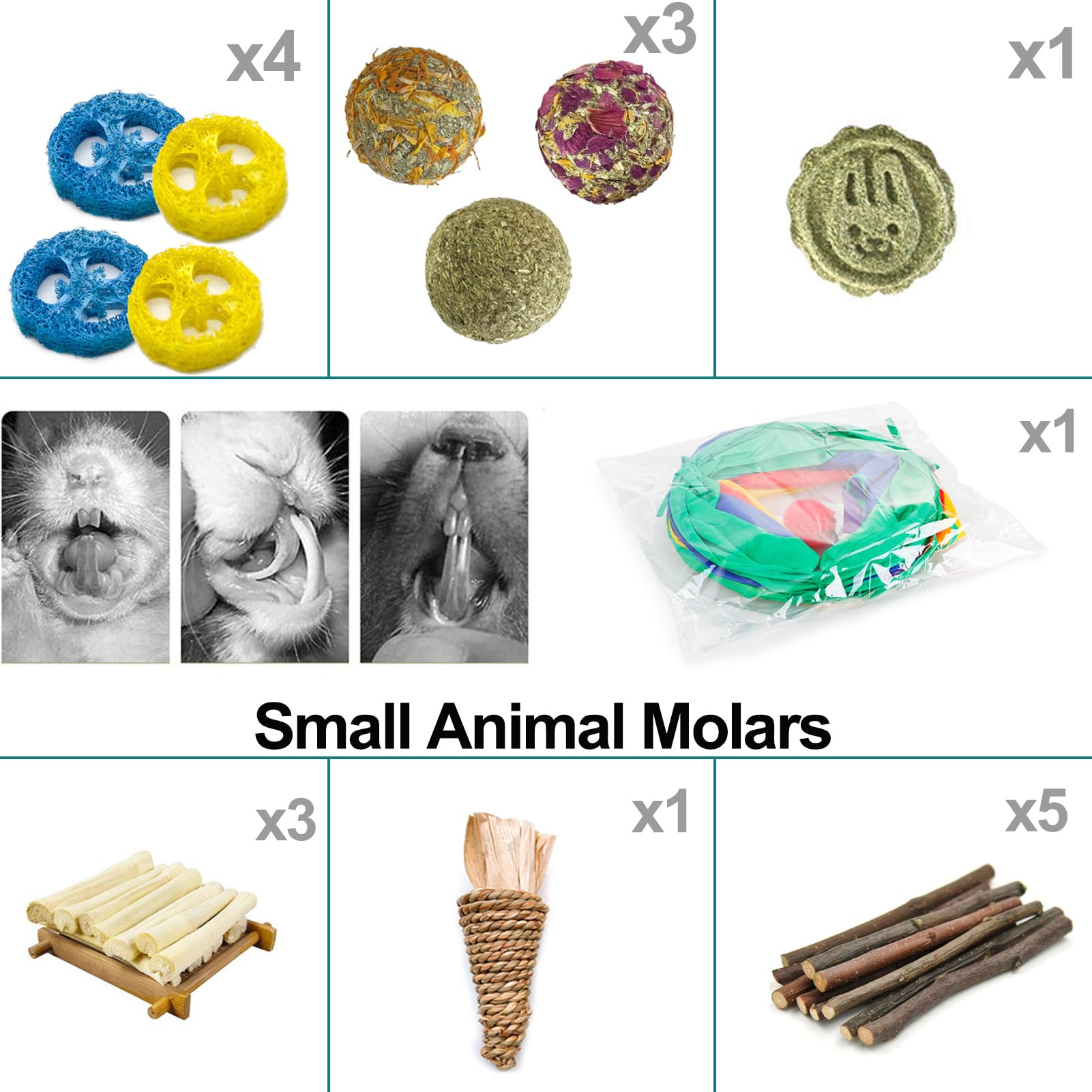 Mechpia Rabbit Toys, Bunny Tunnels and Tubes with Chew Toys for Grinding Teeth Apple Sticks Bamboo Carrot Loofah and Grass Ball