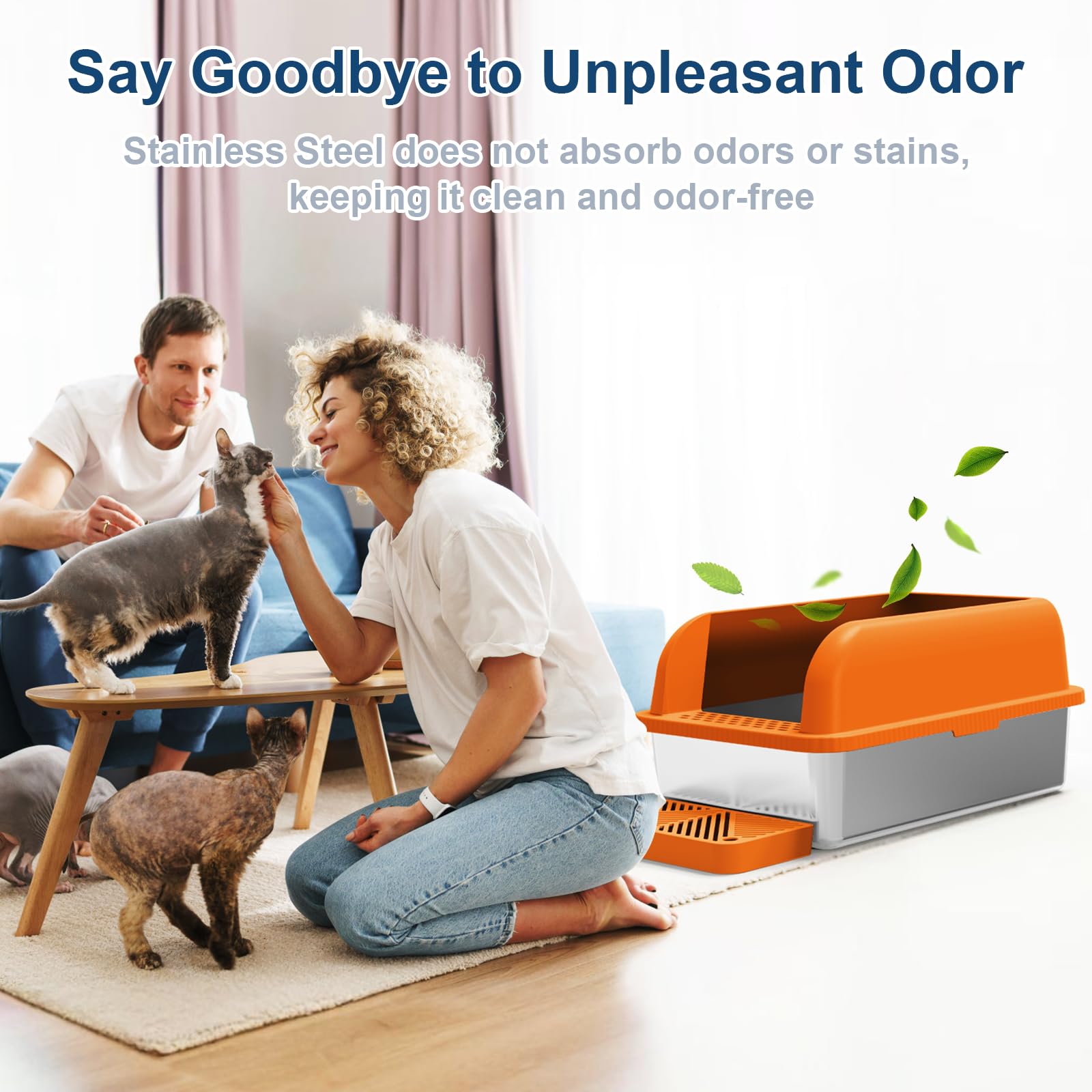 Enclosed Stainless Steel Litter Box With Lid Extra Large Litter Box For Big Cats Xl Metal Litter Box, Litter Pan Tray With High Sides Enclosure, Anti-Leakage, Easy Cleaning (Orange)