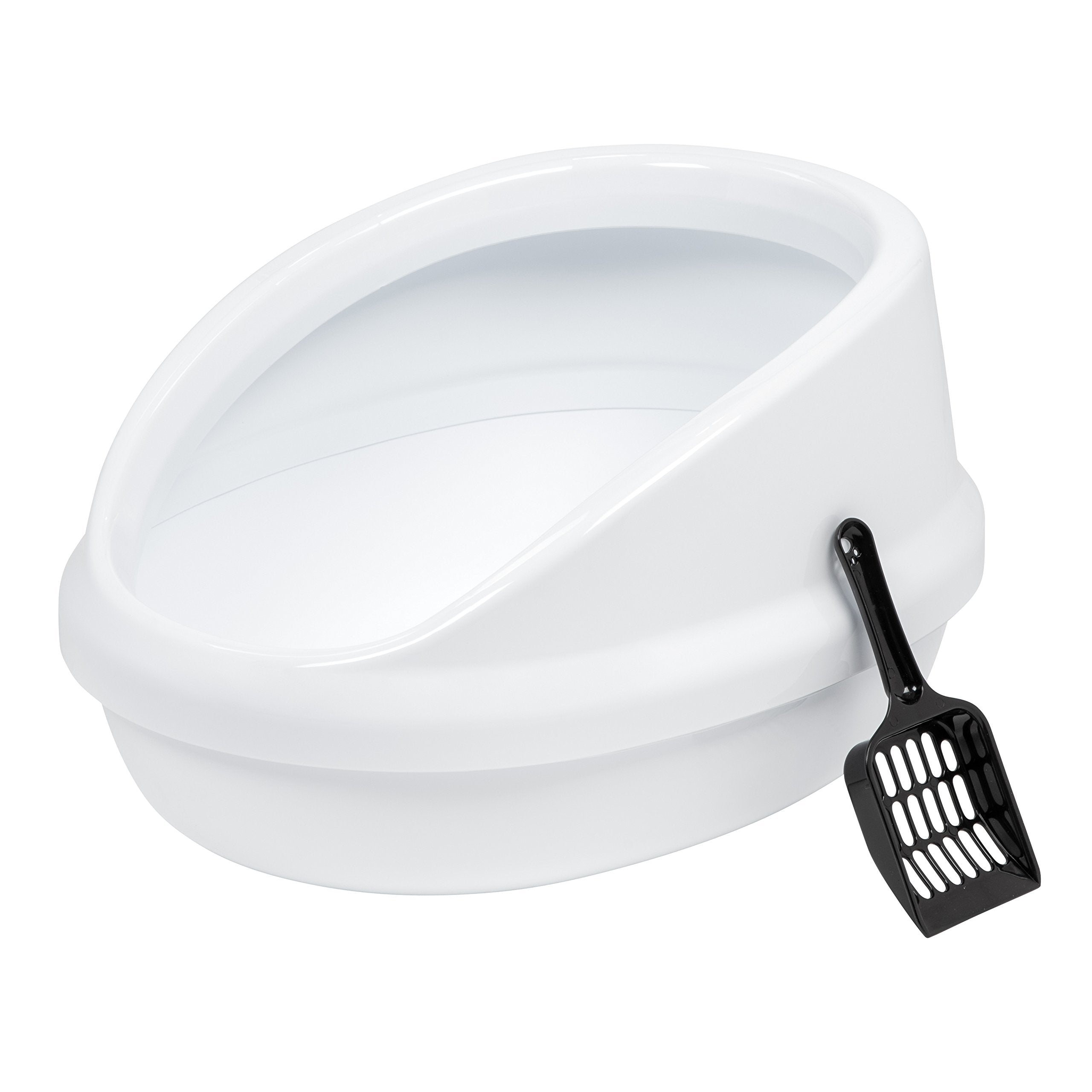 IRIS USA Large Cat Litter Box with Scoop, Open Top High Sided Kitty Litter Pan with Scatter Shield, White