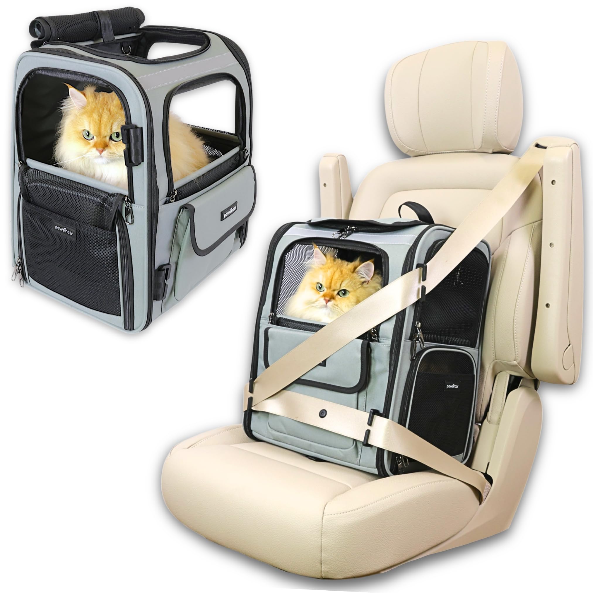 PawsInCar Crash-Tested Multi-Window Cat Backpack Carrier & Small Dog Car Seat | CPS Certified for Crash Protection & Safe Pet Tr