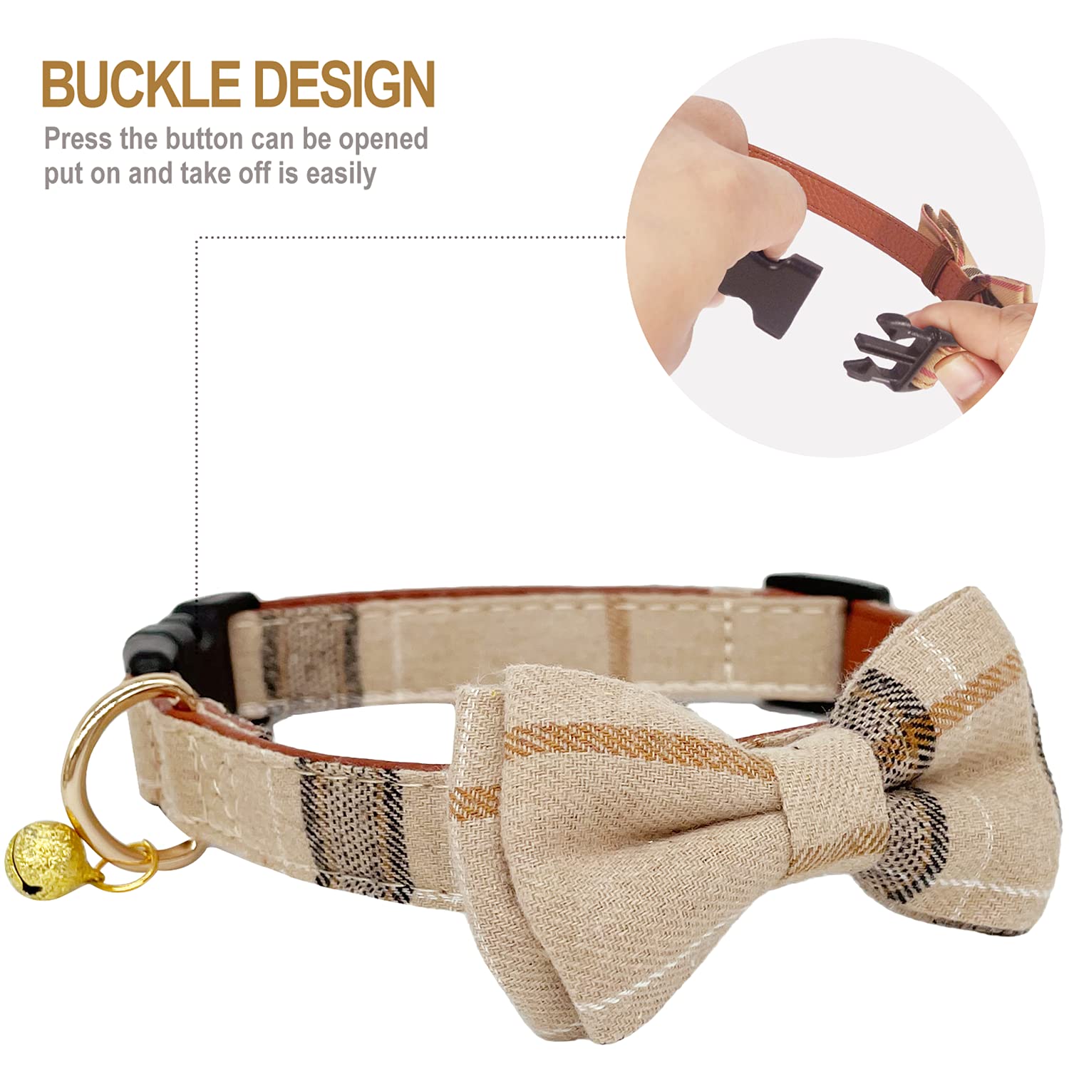 Kudes 2 Pack/Set Dog Collars With Bow Tie And Bells, Adjustable Cute Dog Bow Ties Collar For Small/Medium/Large Boys And Girls Pets (Beige & Brown, S(9.6''-13.8''))