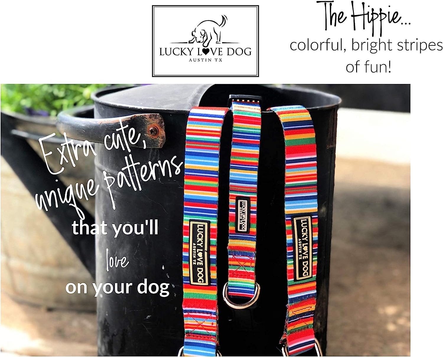 Lucky Love Dog Martingale Collar And Leash Set, Premium No Slip Collar And Leash Set, Colorful Hippie Martingale Color For Large