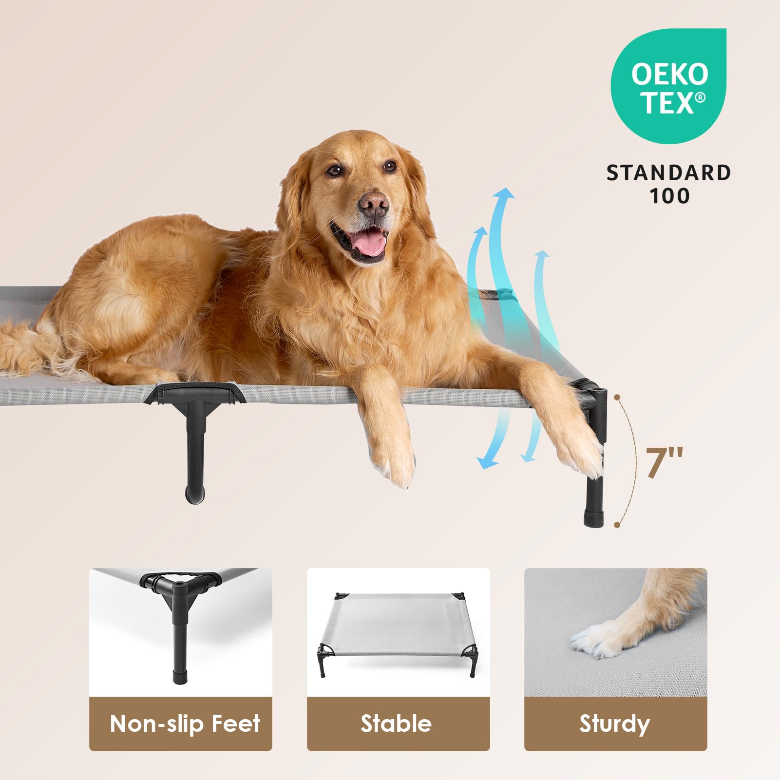 EHEYCIGA 44 Inch Elevated Dog Cot Beds for Large Dogs, Raised Outdoor Dog Bed with Frame, Washable Breathable Cooling Teslin Mes