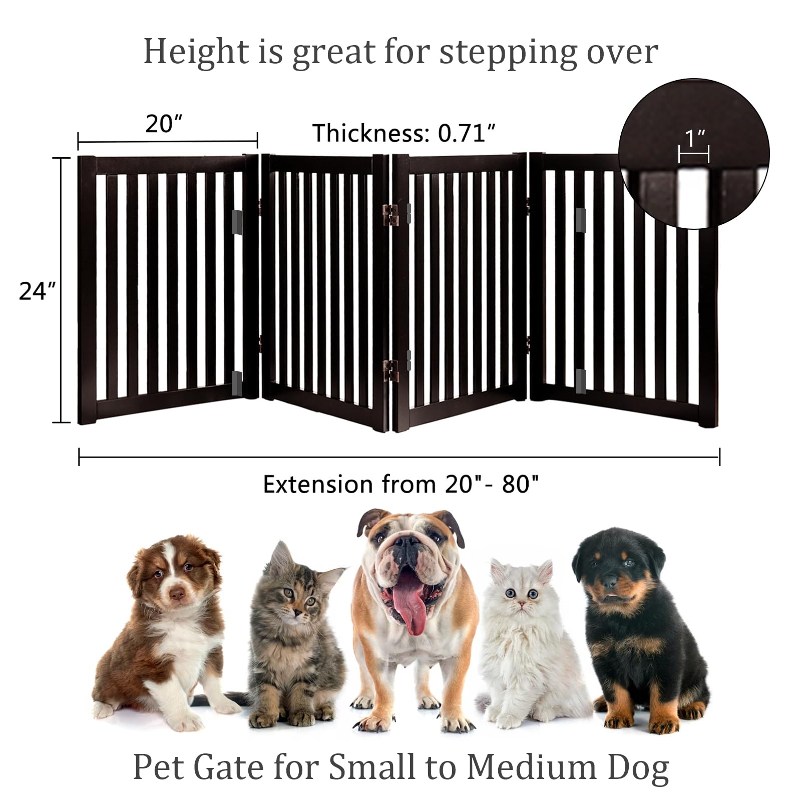 WELLAND 24'' Freestanding Pet Gate, Foldable Wooden Dog Gate, 4 Panel Step Over Fence, Indoor Puppy Gate, Expands Up to 80'' Wid