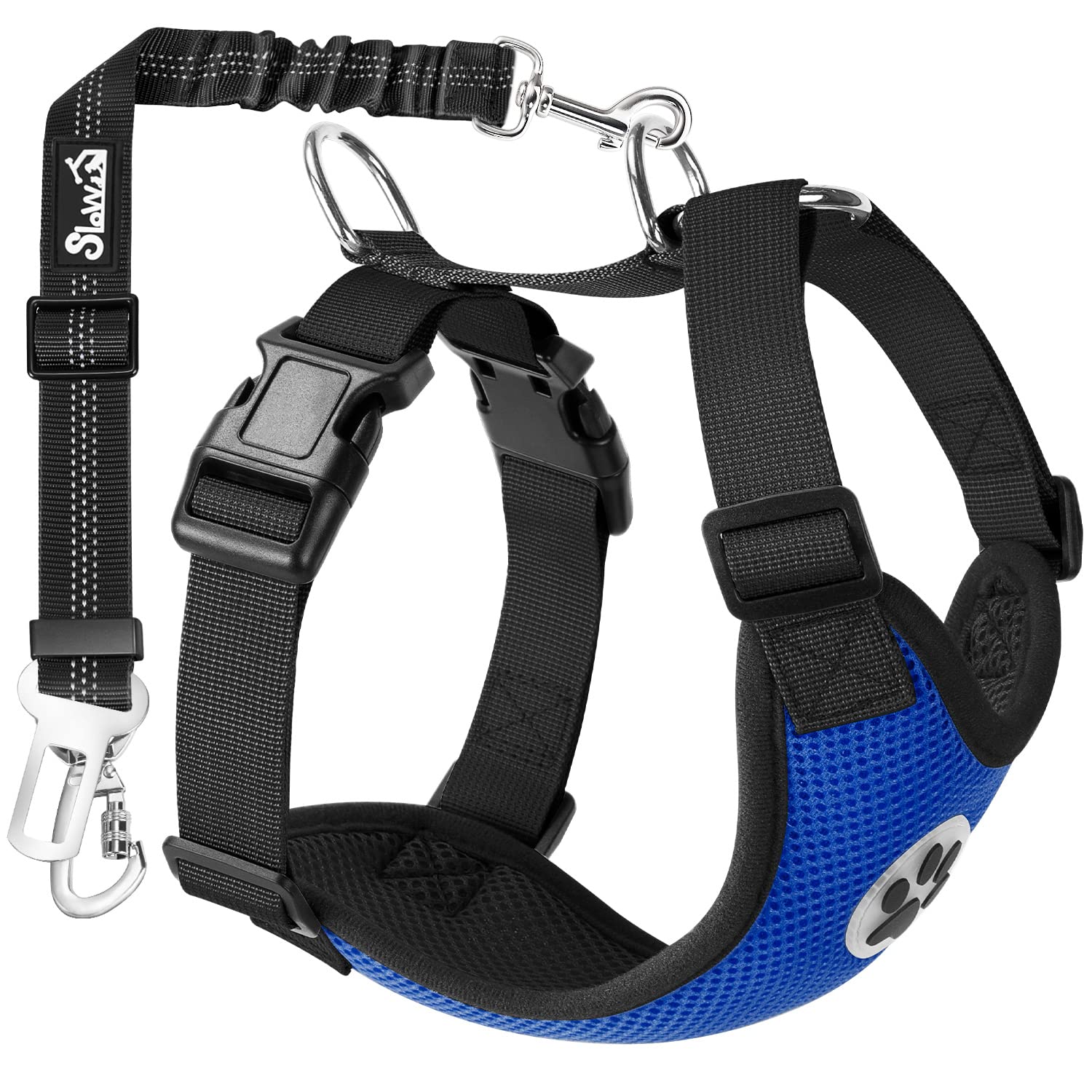 Slowton Dog Seat Belt Harness For Car, Dog Seatbelt Adjustable Bungee With Safety Belt Clip Carabiner & Dog Vest Harness Padded Mesh Breathable For Small Medium Large Dogs Cats (Double Clip,Blue,M)