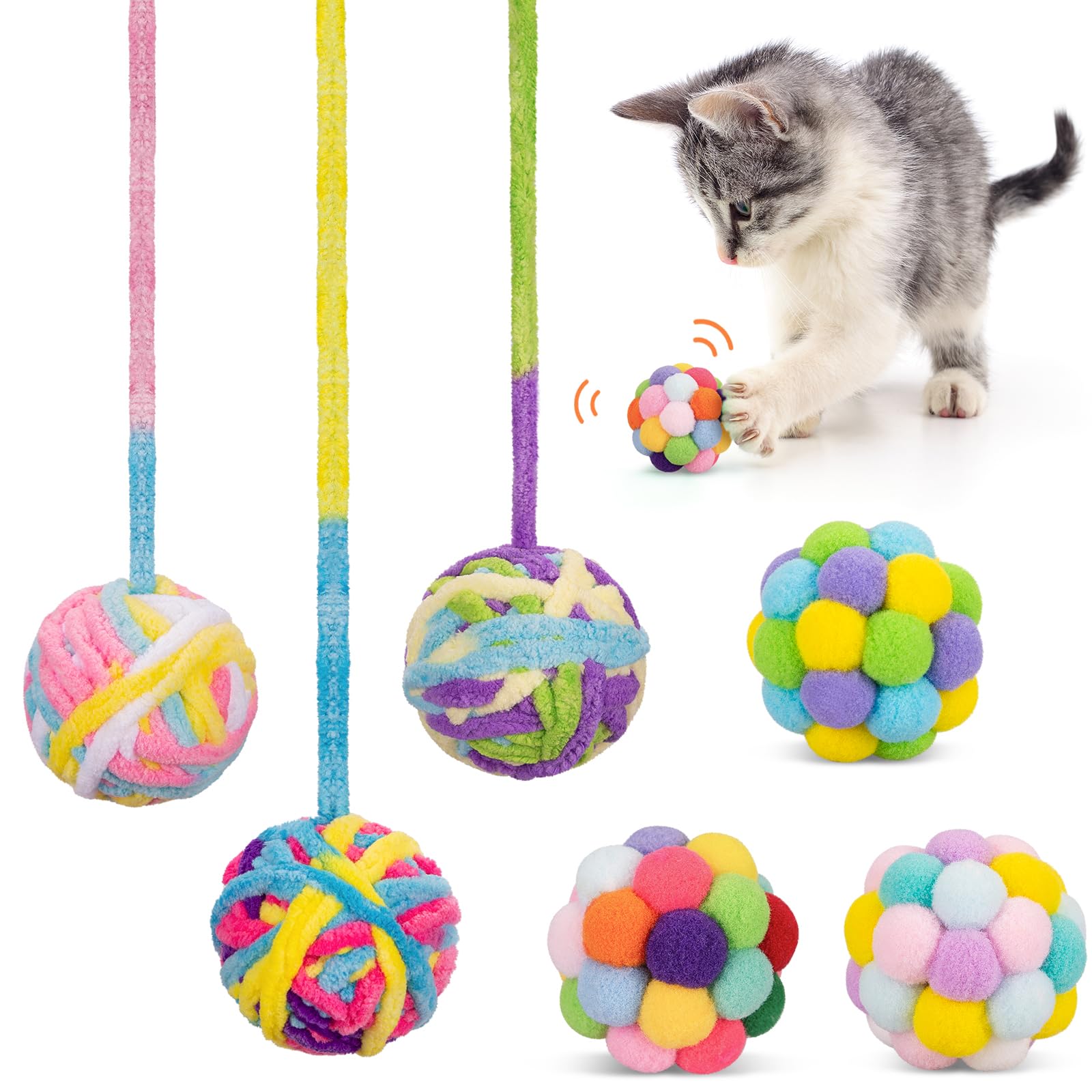 Retro Shaw Cat Toys Ball 6 Pcs,Yarn Cat Balls With Bells Inside,Interactive Kitten Toys For Indoor Kitten Chew,Kitty Toys Fuzzy 
