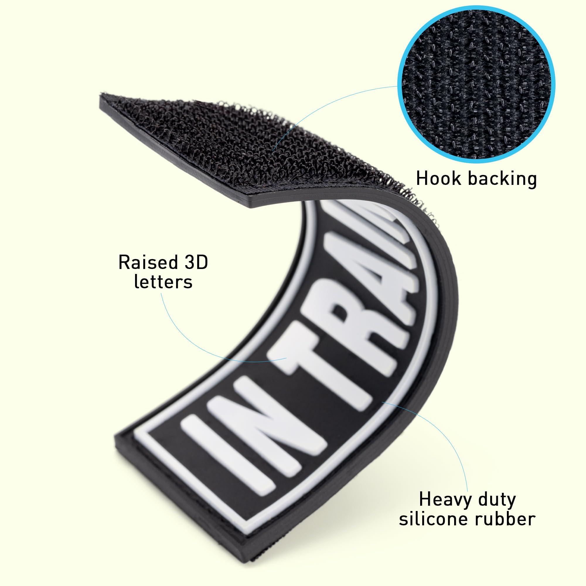 Dogline In Training Patches For Harnesses And Vests Removable 3D Rubber Patches With Hook Backing For Small Medium Or Large Working Dogs 1' X 2.75' - Two Patches