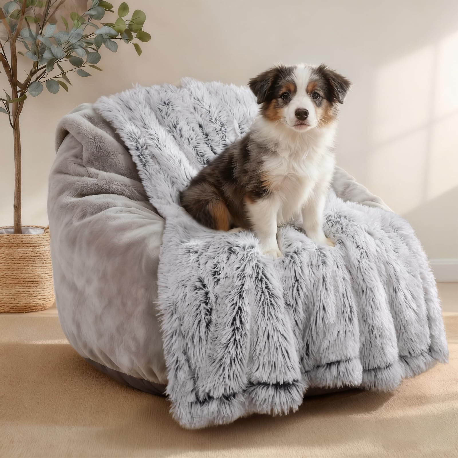 Luciphia Large Waterproof Dog Blanket Pet Washable Liquid Proof Furniture Protector Medium Shaggy Plush Calming Long Faux Fur Be