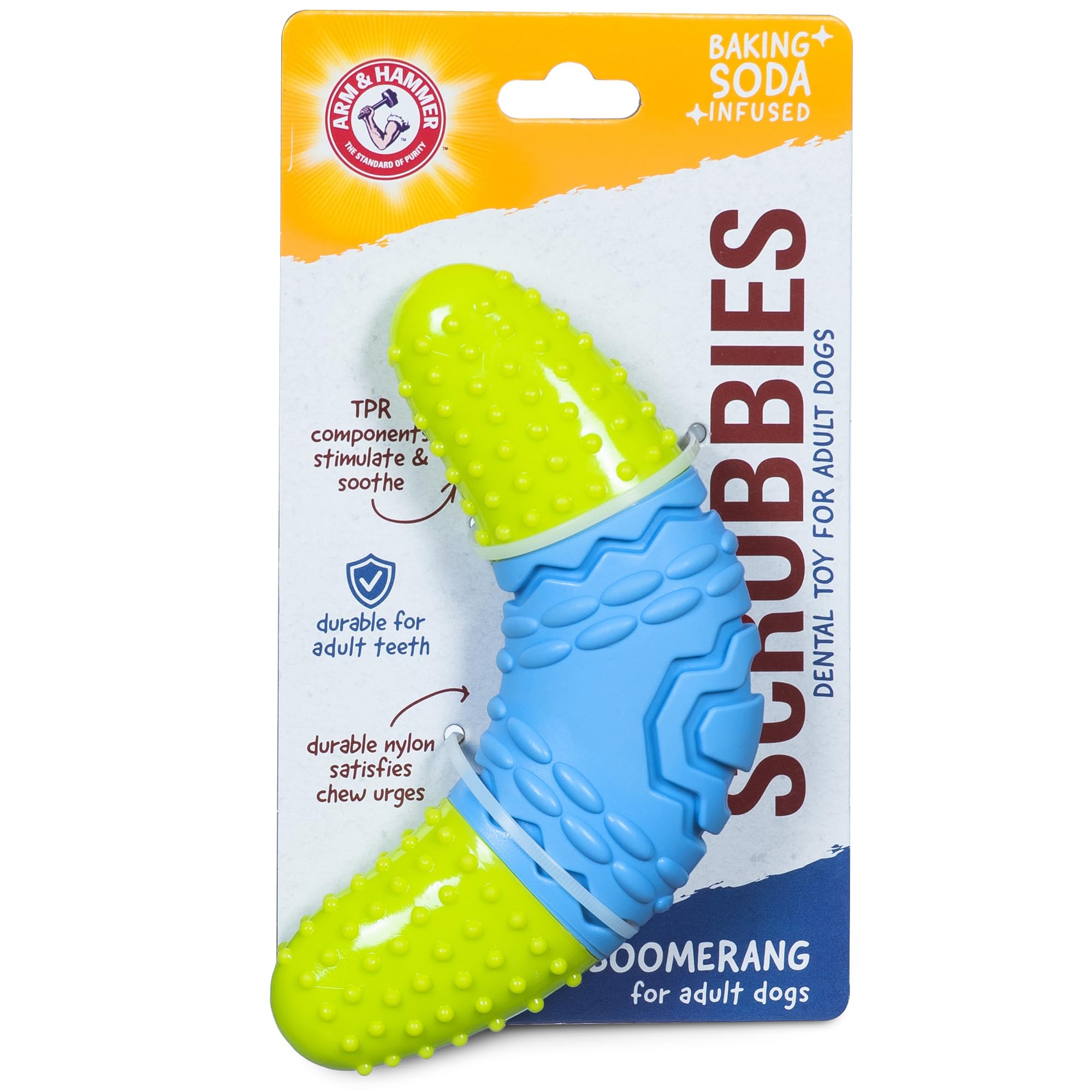 Arm & Hammer for Pets Scrubbies Boomerang Chew Toy for Adult Dogs Infused with Baking Soda - Durable Teething Toy with Unique Sh