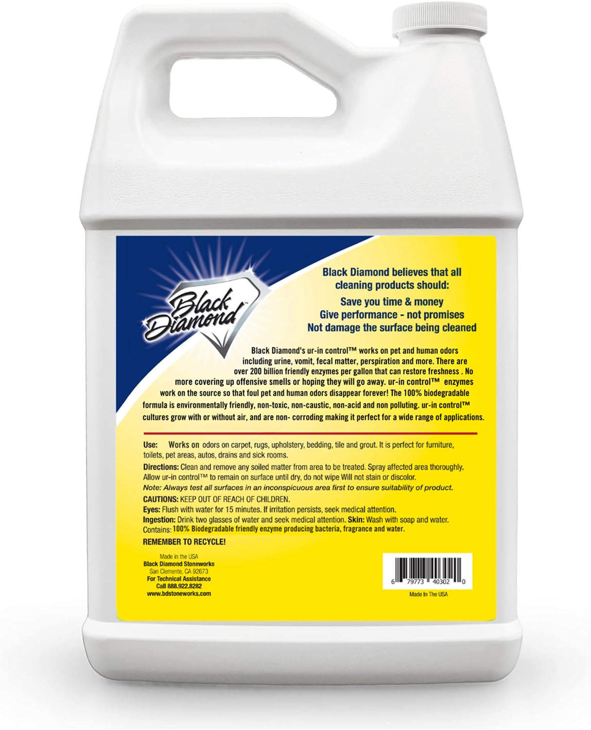 Black Diamond Stoneworks Ur-In For Urine Odors -Works On Pet & Human Smells On Carpet, Furniture, Mattresses, Grout, Pet Bedding & Concrete.1-Gallon