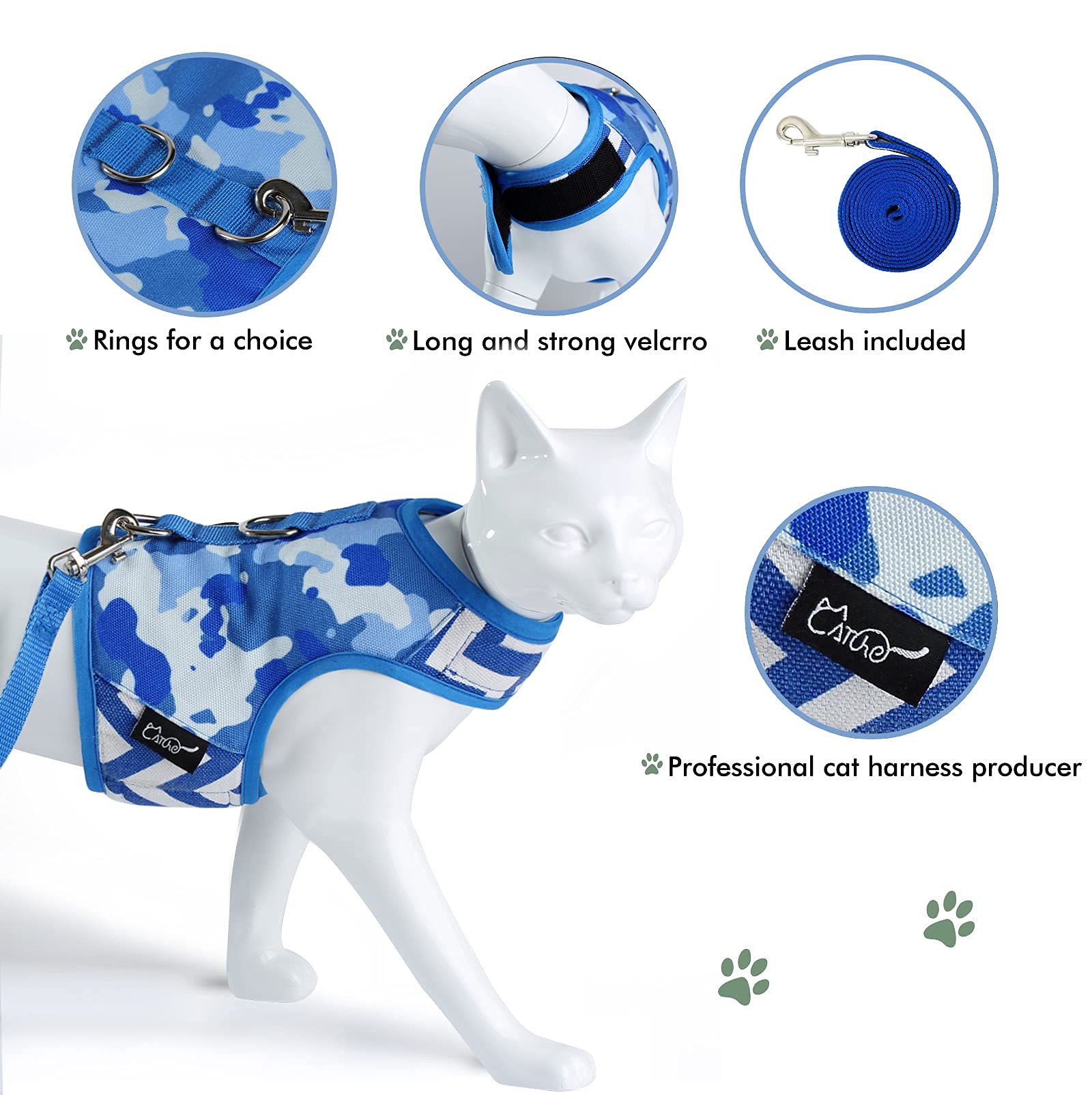 Yizhi Miaow Cat Harness And Leash For Walking Escape Proof, Adjustable Cat Vest Harness, Padded Stylish Cat Walking Jackets, Blu