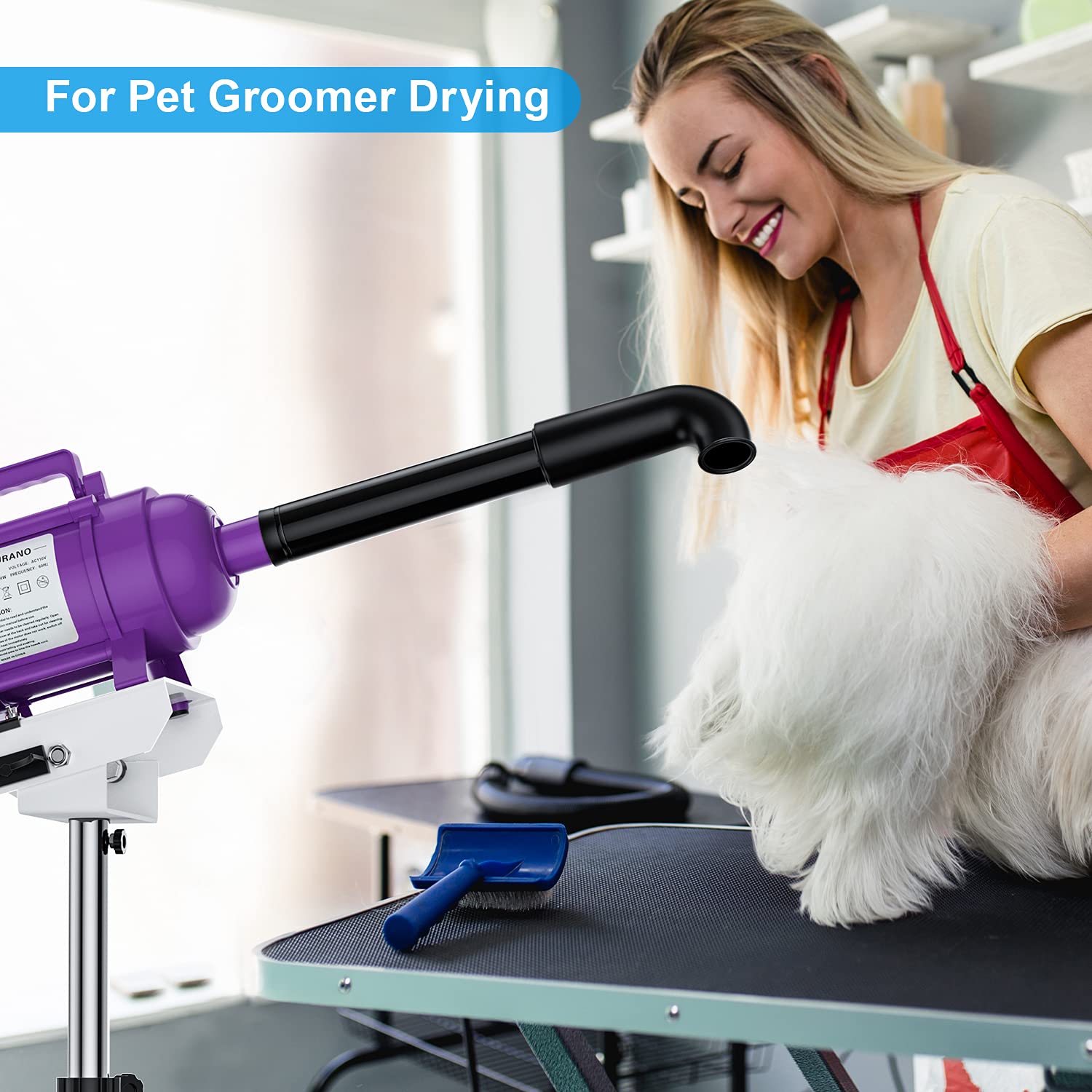 Burano Dog Dryer Stand, 4.3HP Variable Air Speed & Heat Pet Dryer with Stand, High Velocity Dog Pet Stand Grooming Dryer, Fluffy