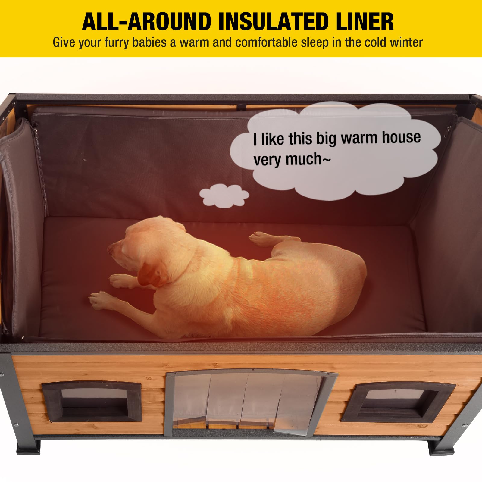 Aivituvin Dog House With Insulated Liner Anti-Chewing Metal Frame Design Insulated Wooden Dog Kennel With Unique Design Roof, We
