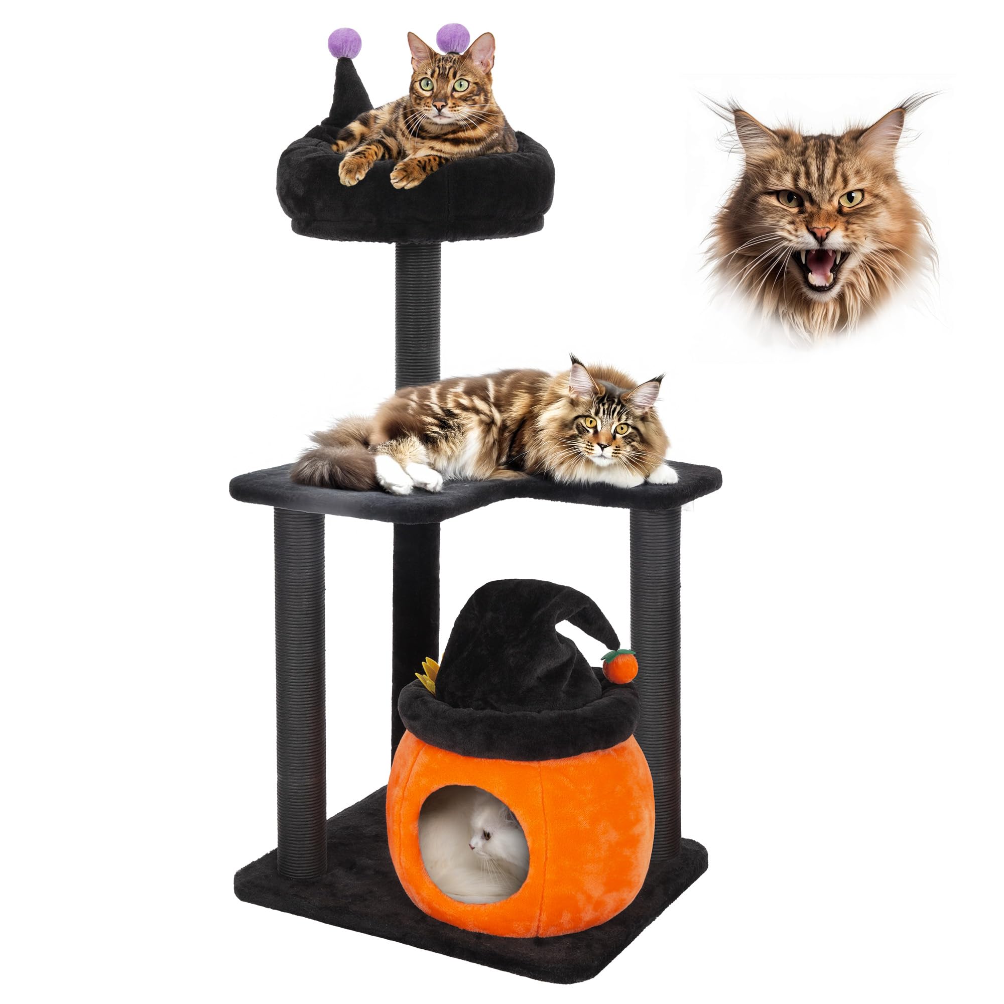 Kamaboko Gothic Cat Tree, 44.8    Black Cat Tower For Indoor Cats With Sisal Scratching Posts, Spacious Cat Condo, Self Groomer,