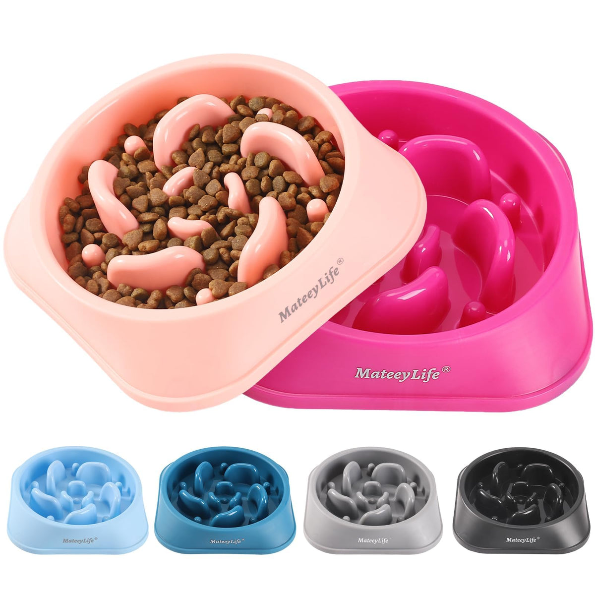 Mateeylife Slow Feeder Dog Bowls 2Pcs, Anti-Choking Puzzle Dog Food Bowls, Anti-Slip Interactive Dog Feeding Bowls That Slow Down Eating, Bloat Stop Maze Dog Dishes For All Breeds Pets Pink&Purple