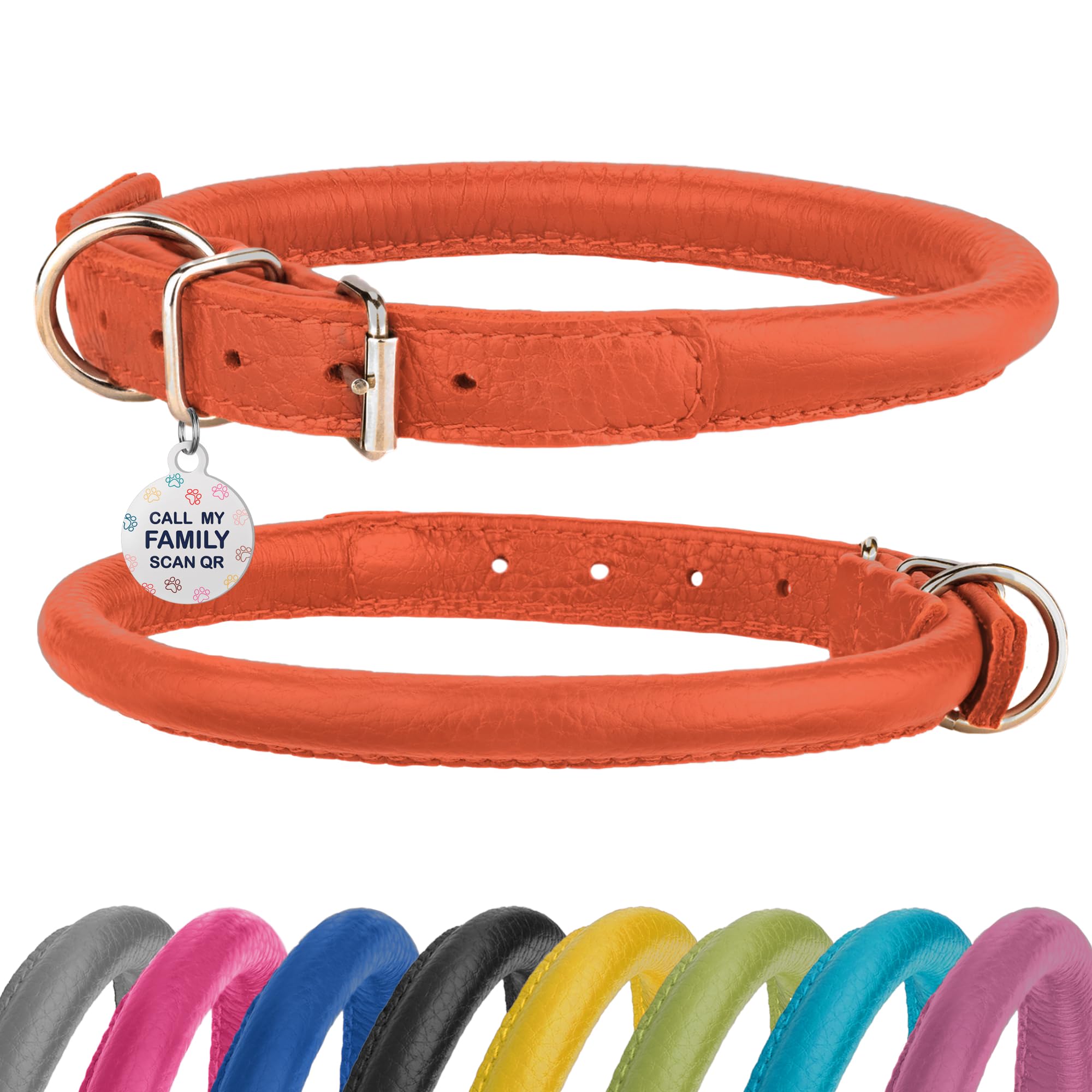 Rolled Leather Dog Collar Soft Round Collars, Id Tag For Small Medium Large Dogs (16-20 Inch, Orange & Silver Buckle)