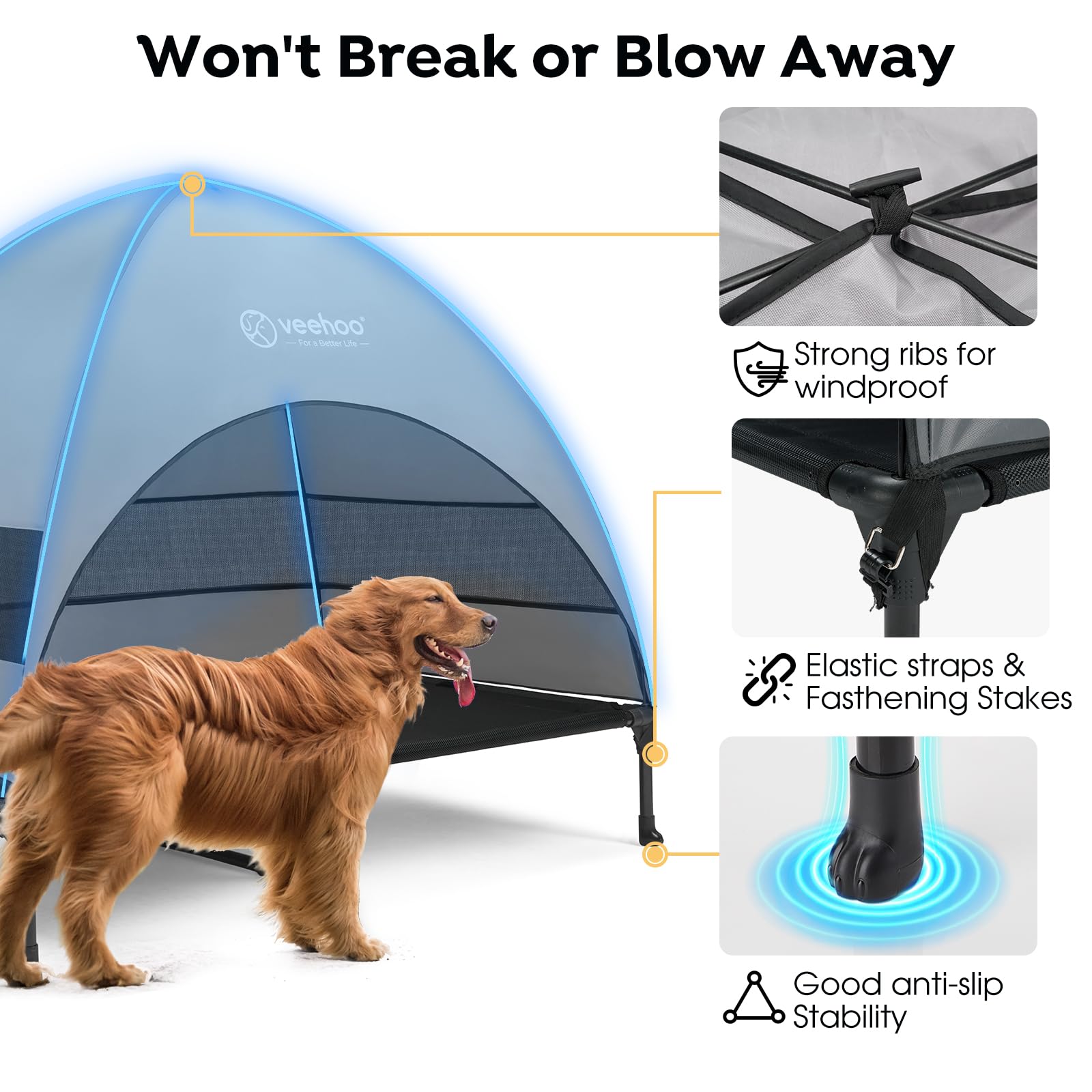 Veehoo Elevated Dog Bed with Canopy, XL 49"x33", Black/Grey, Cooling Teslin Mesh, Non-Slip Feet, Ideal for Camping & Beach