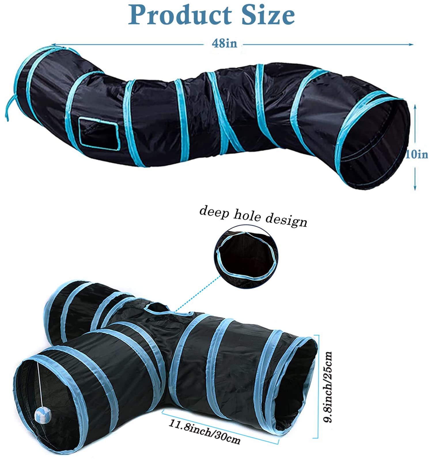Cat Tunnel Tube, Long Collapsible Tunnels Indoor With Peek Hole, 2Pack S-Shaped & 3Way Tubes Maze Play Toy Black For Cat Kitten