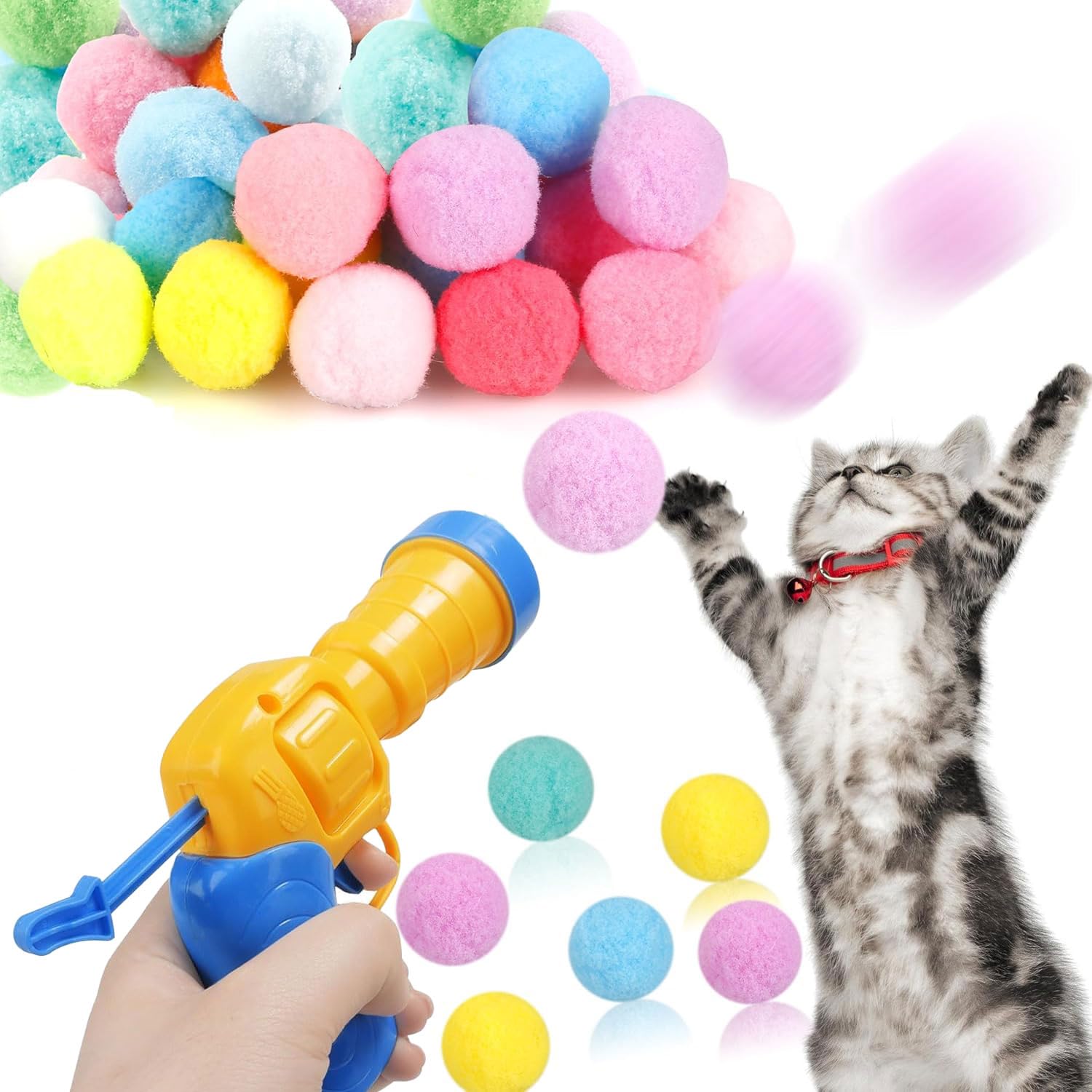 Cybersnc Pom Launcher, Cat Toy Launcher With 100 Soft Plush Fuzzy Balls, Interactive Cat Toy For Play & Training, Indoor Fun For