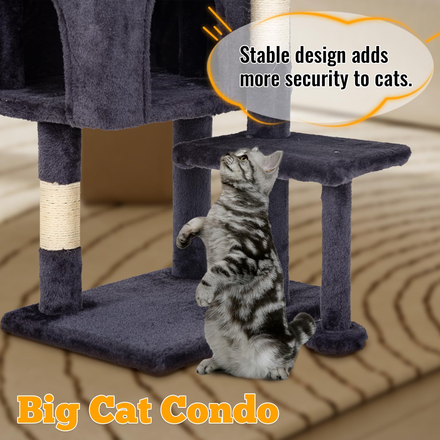 FDW | 37.8 Cat Tree Tower | Dark Gray | Multi-Level Indoor Activity Center with Sisal Scratching Posts, Condos, Plush Perches, H