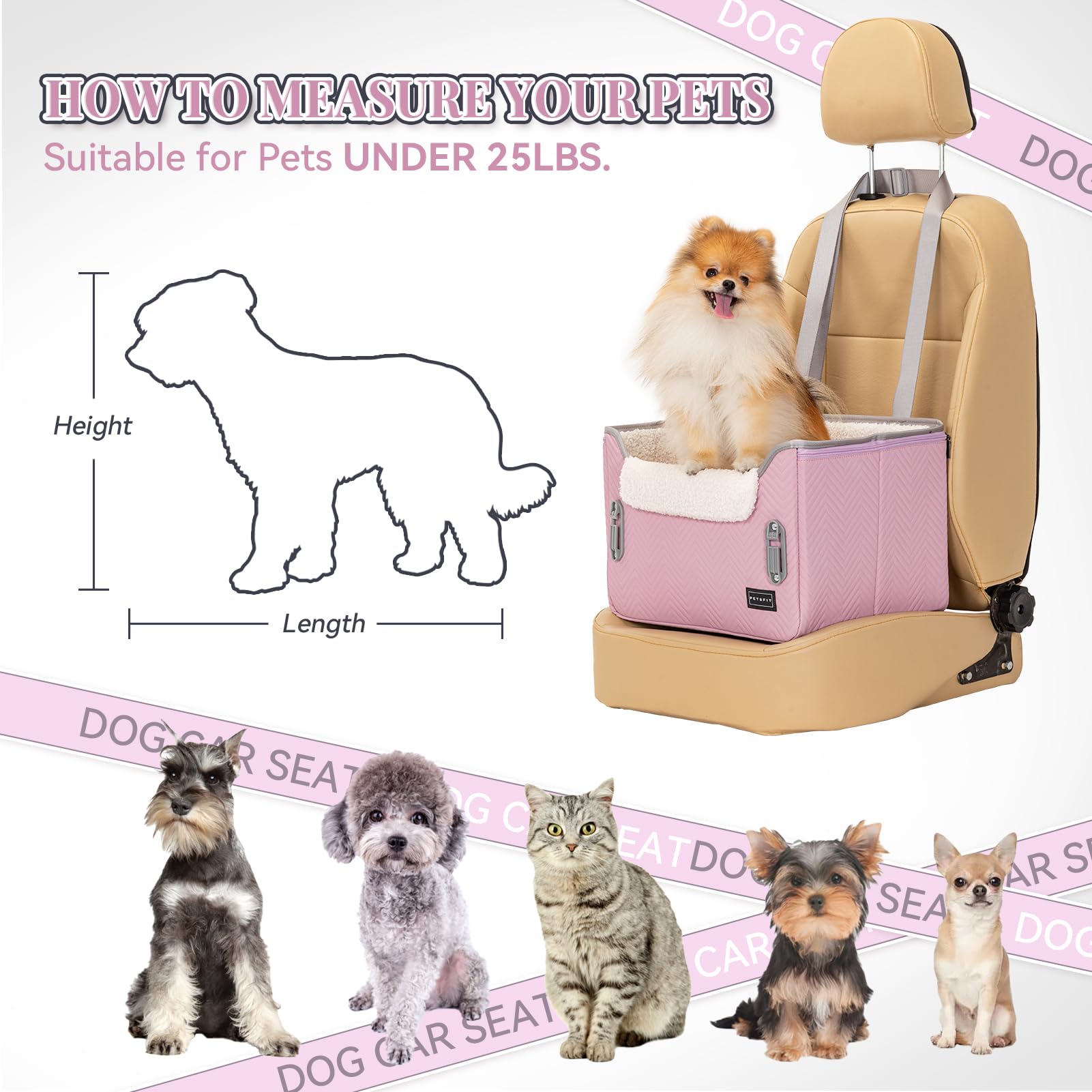 Petsfit Dog Car Seats For Small Dogs, Portable Puppy Car Saet For Car With Clip-On Leash, Adjustable Straps Suitable For Small Pets Up To 25Lbs (Light Pink)