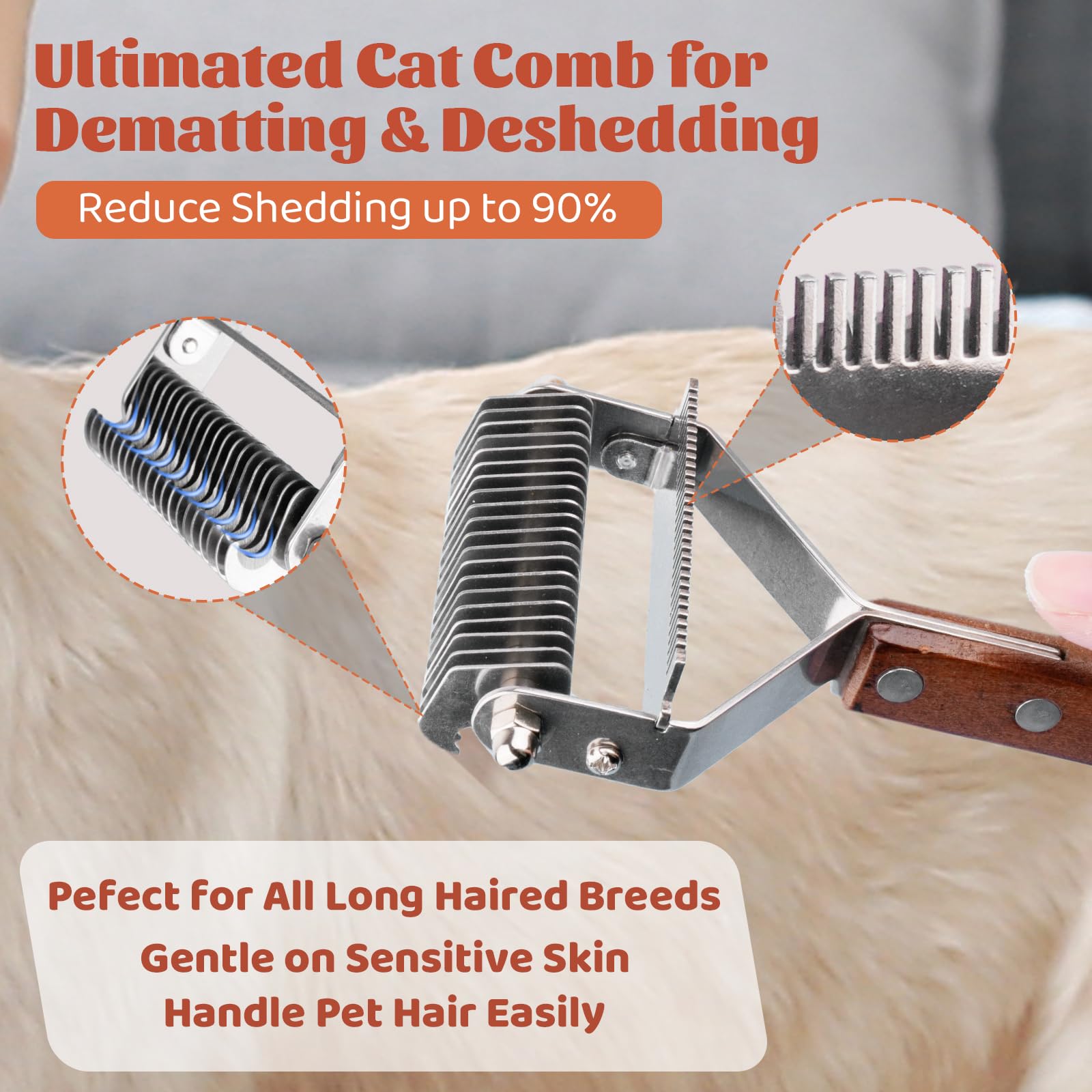 Cat Brush For Dematting & Deshedding, Professional Pet Grooming Brush, Pet Grooming Brushes With Wood Handle, Shedding Comb For