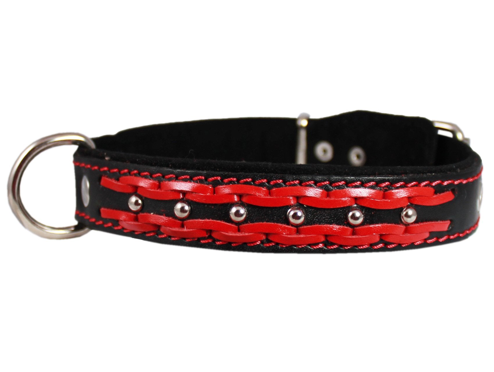 Genuine Leather Braided Studded Dog Collar,Red On Black 1.25' Wide. Fits 16'-20.5' Neck.