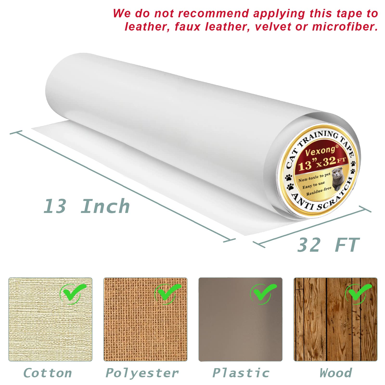 Vexong Anti Cat Scratching Tape Pads Deterrent Tape 13'' X 32Ft Furniture Protectors From Cats Transparent Self-Adhesive Pet Tra