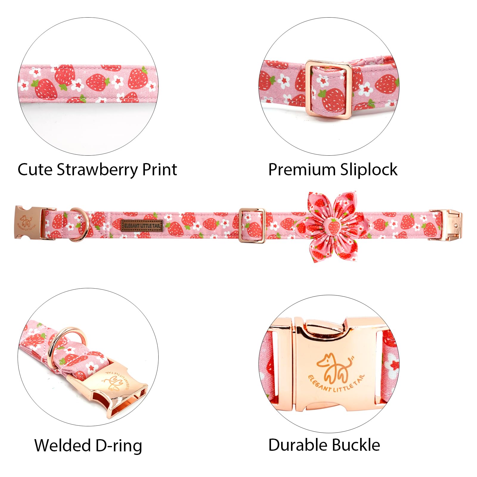 Elegant Little Tail Spring Dog Collar, Flower Strawberry Print Cotton Soft Female Dog Collar, Adjustable, 16-26 Inches, Pink, Un