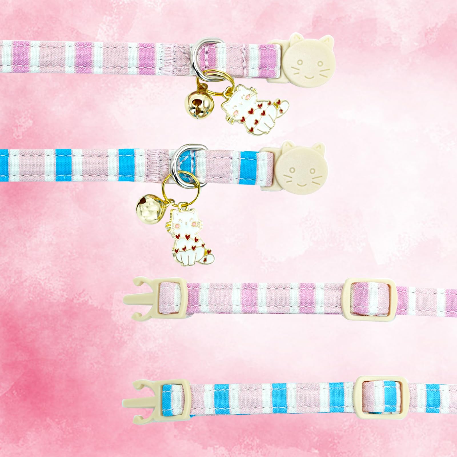 Elegant Little Tail 2 Pack Cat Collar-Pink Strip Cotton Breakaway Cat Collars With Bell Pendant Kitten For Girl Safety Adjustabl