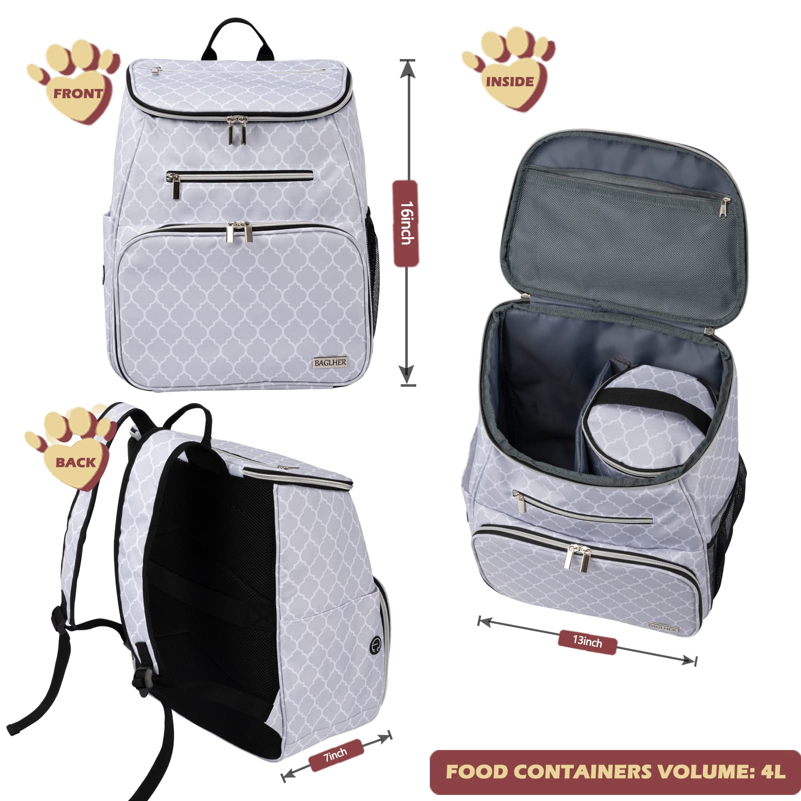 BAGLHER Dog Travel Backpack, Airline Approved, Small, Polyester, DLWhite with 2 Silicone Bowls & 2 Food Baskets