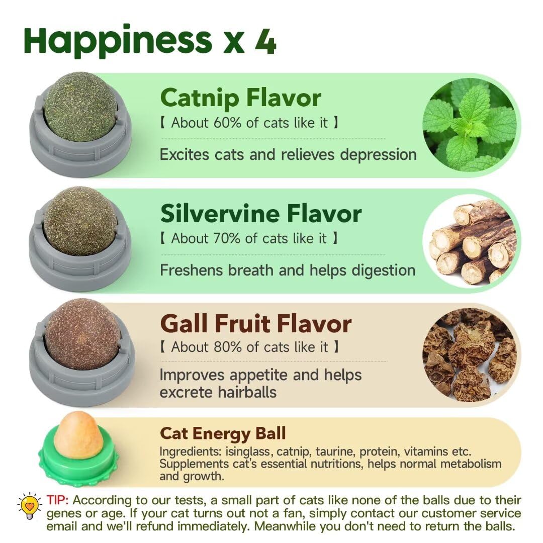 Potaroma Catnip Silvervine Balls 4 Pcs Extra Cat Energy Ball, Edible Kitten Lick, Teeth Cleaning Dental Chew Wall Treats for All