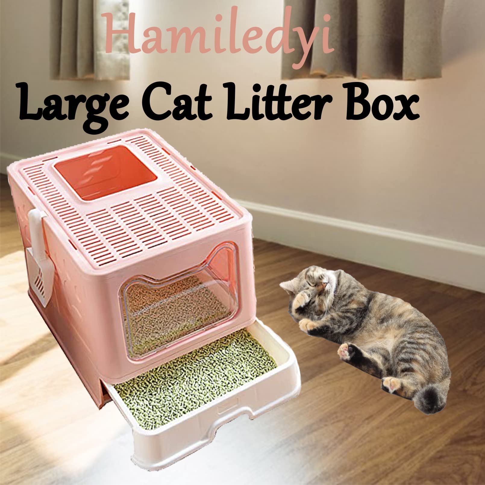 Hamiledyi Foldable Large Cat Litter Box Enclosed Cat Potty With Drawer Top Entry Type Anti-Splashing Cat Toilet With Lid And Cat Litter Scoop No Smell Cat Supplies For Cats And Kittens-Pink