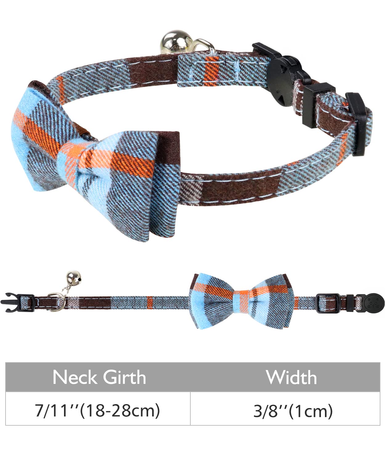 Joytale Breakaway Cat Collar with Bells & Bow Tie, Haze Blue, 7-11'' Safety Plaid Kitten Collar for Boys & Girls, 1 Pack