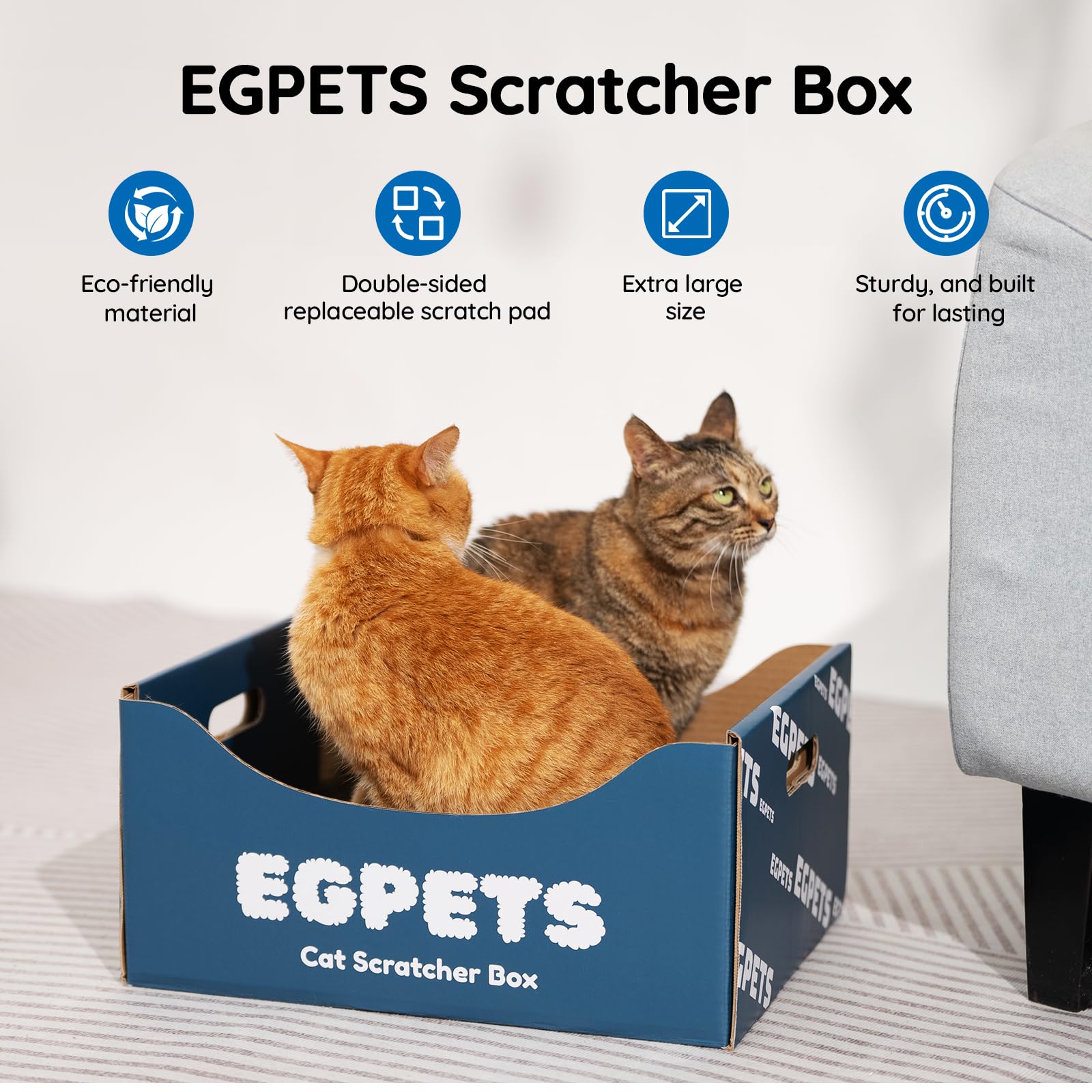 EGPETS Cardboard Cat Scratcher Box for Indoor Cats with 3Pcs Extra-Large Scratching Board, Refillable and Sturdy, Ideal for Hidi