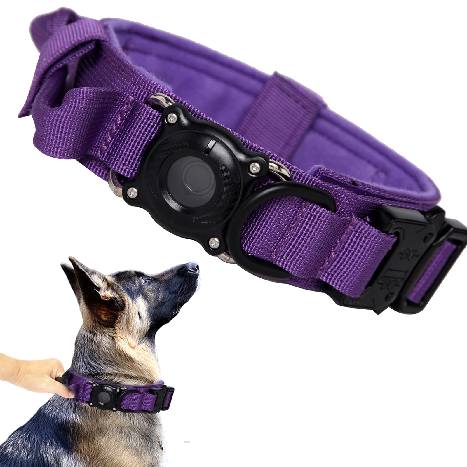 Xqpetlihai Tactical Dog Collar With Airtag Holder, Control Handle, Adjustable, Heavy Duty, Waterproof, Deeppurple, Medium (Pack 