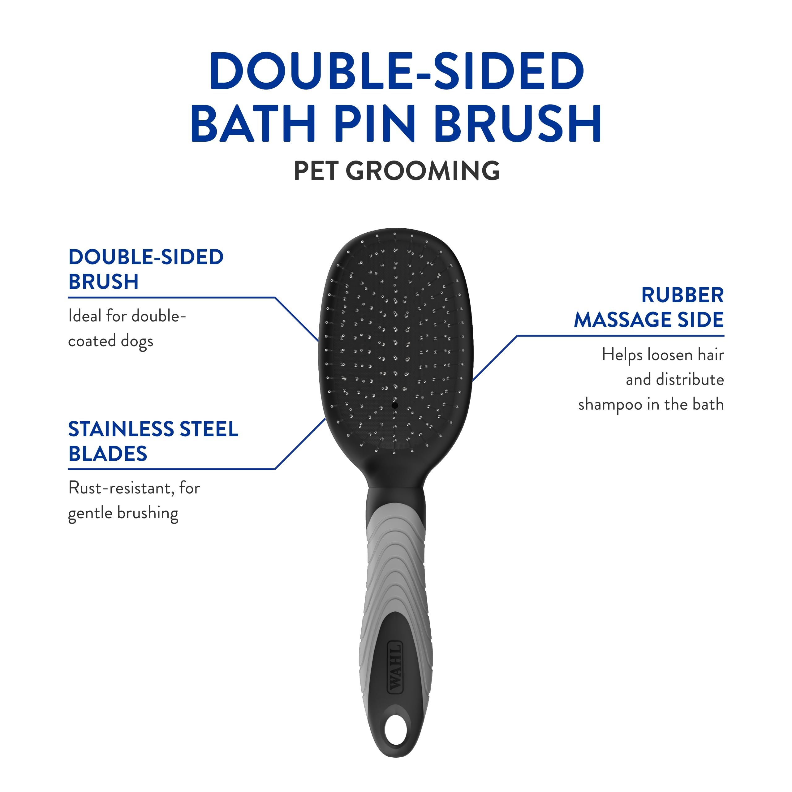 WAHL Professional Double Sided Bath Pin Brush for Dogs, 1 Count, Rubber, Black and Gray, Model #858477, Ideal for Akitas, Huskies & Shepherds