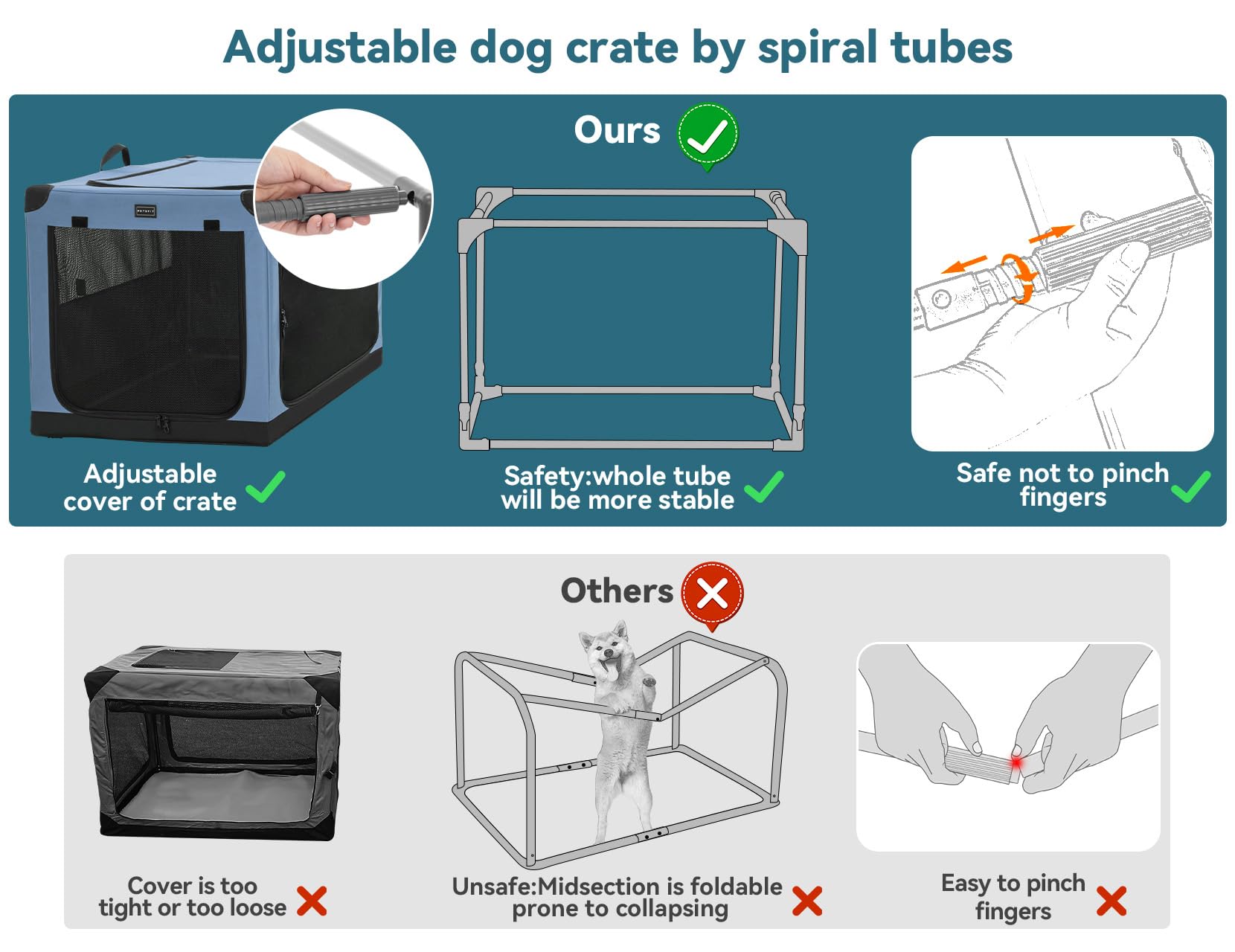 Petsfit 36 Inch Portable Dog Kennel, Adjustable Fabric Cover By Spiral Iron Pipe, Chew Proof 3 Door Design, Soft Collapsible Dog