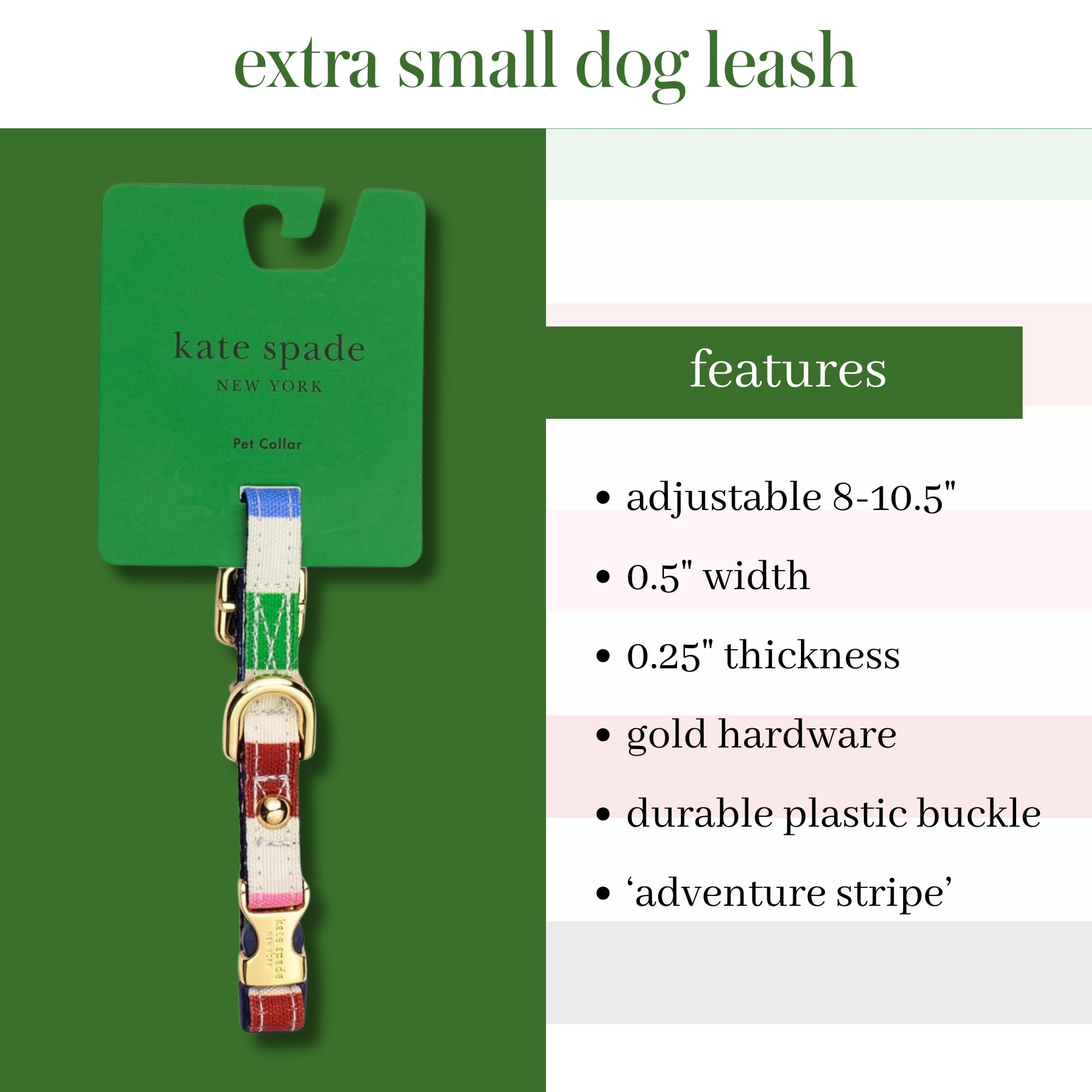Kate Spade New York Cute Dog Collar With Gold Metal Buckle, Adjustable Collar For Female Or Male Extra Small Dogs (Adventure Str