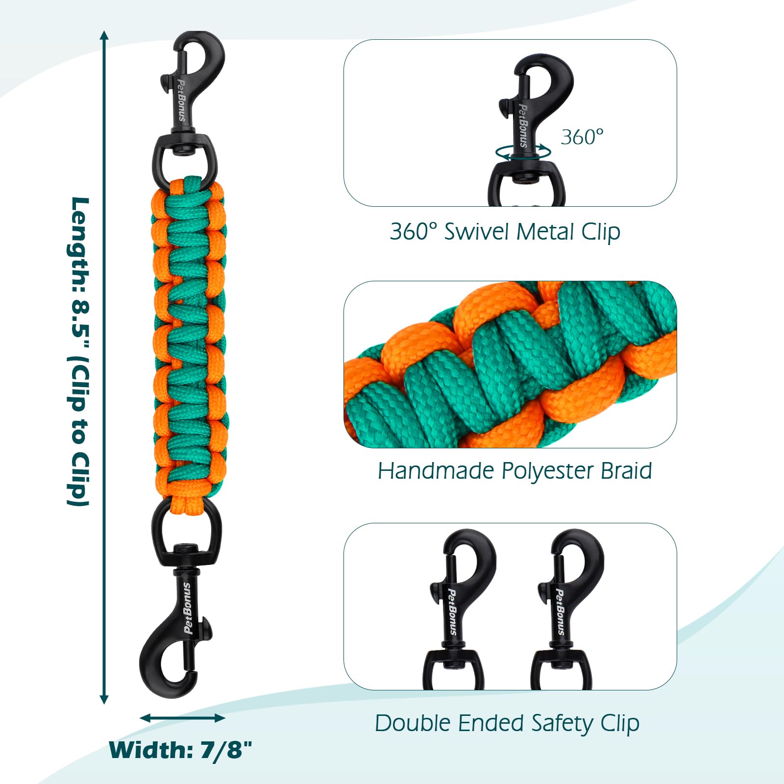 Petbonus Dog Collar Safety Clip, Handmade Backup Safety Strap For Dog Harness, Prong Collar, Pinch Collar, Double Ended Clasp Le